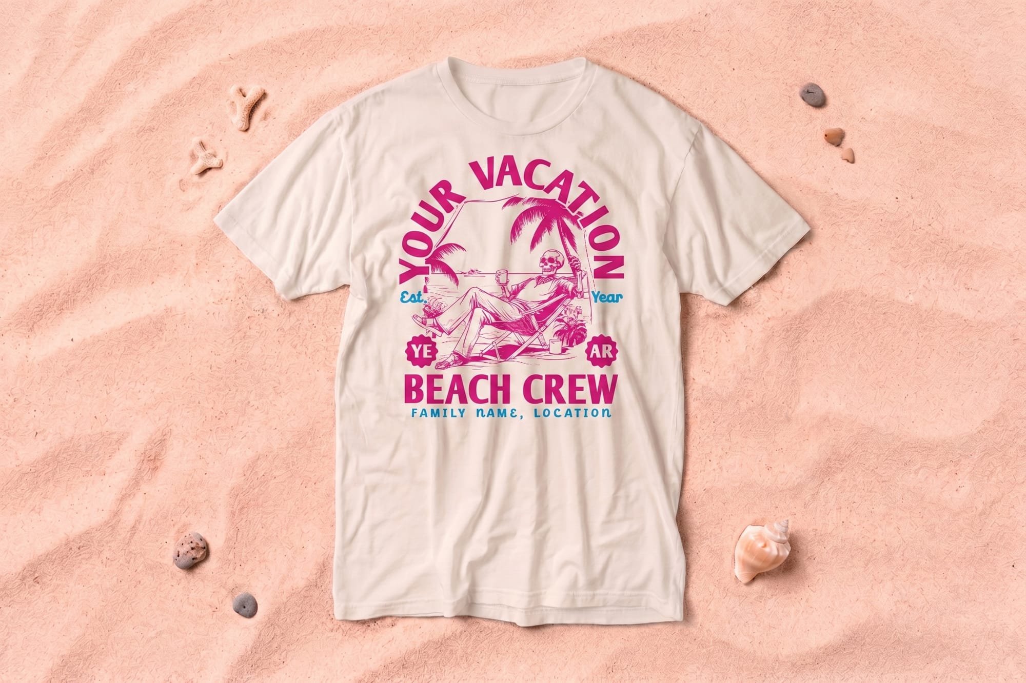 Natural crewneck tee laid on sand with a retro pink skeleton beach scene and 'Beach Crew' custom text