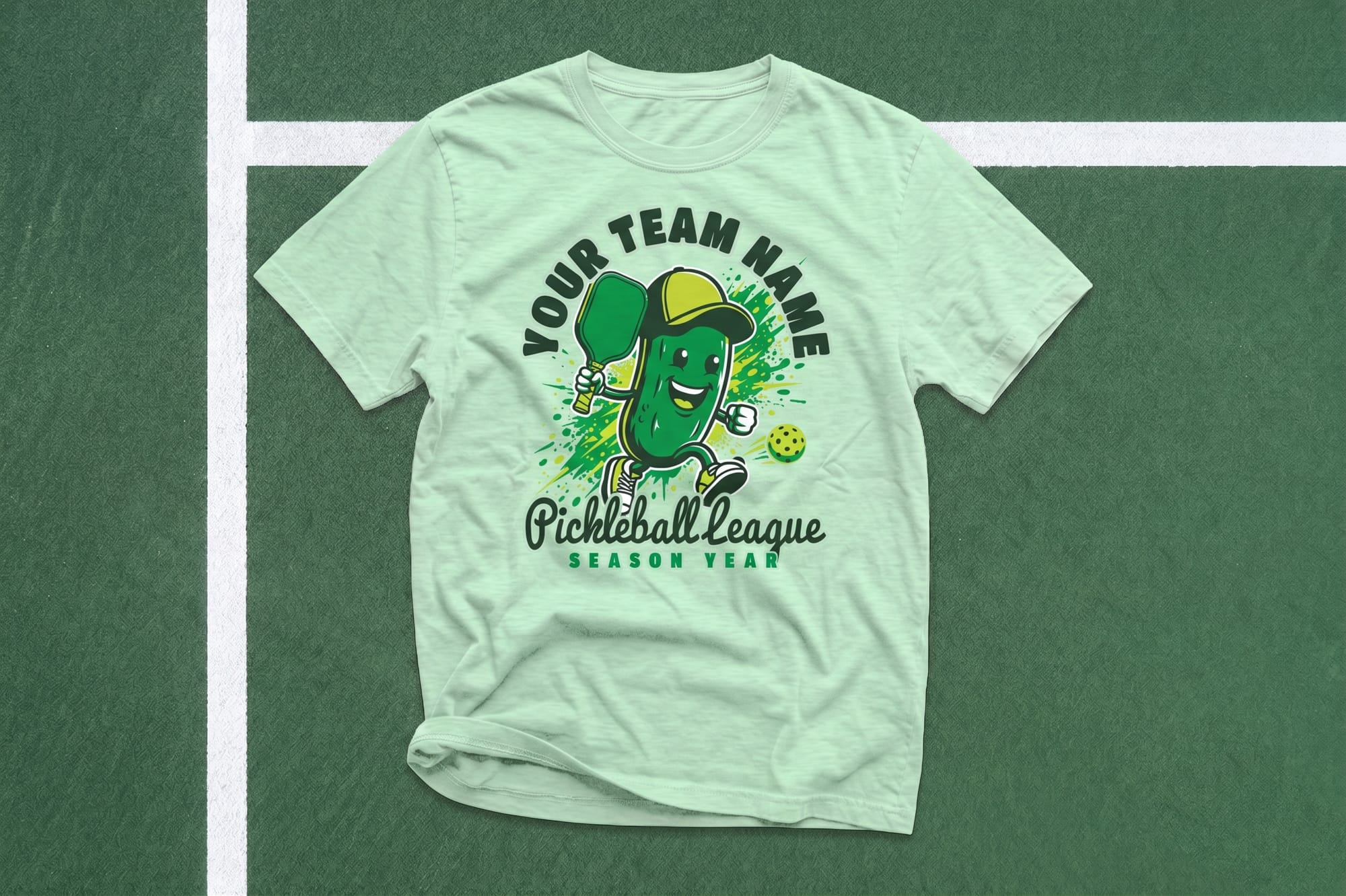 Mint green custom pickleball league t-shirt with a cartoon pickle mascot holding a paddle, laid flat on a court
