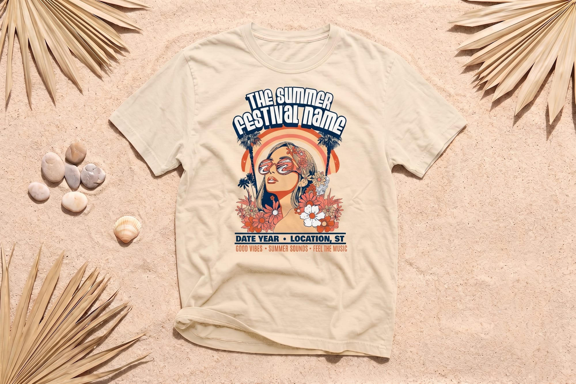Natural crewneck t-shirt with a retro 70s summer festival graphic — floral woman, palm trees, and customizable text fields