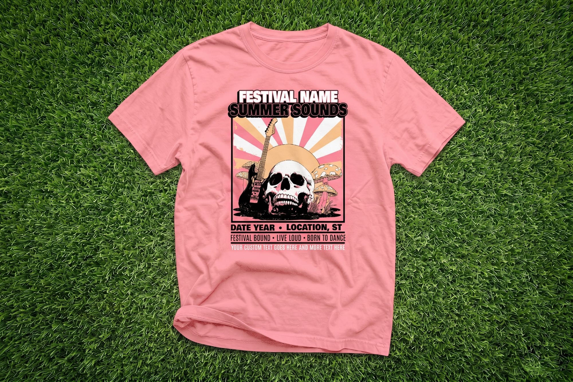 Pink crewneck tee with a retro music festival screen-print featuring a skull, guitar, and sunburst — customizable text fields shown