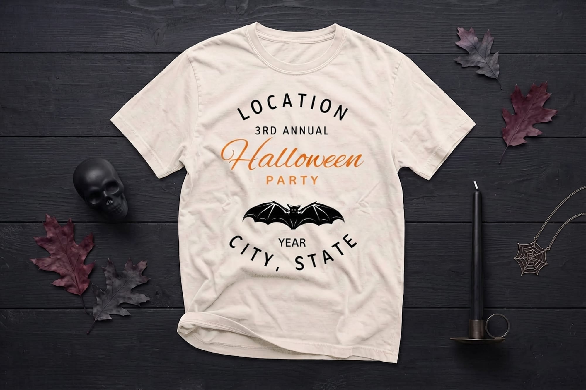 Minimal Halloween party t-shirt template with a bat and editable location, year, and city