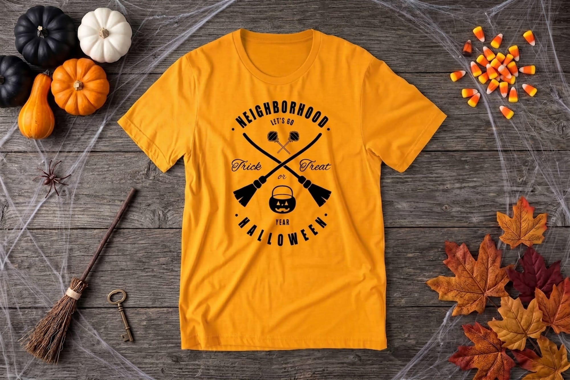 Orange neighborhood trick or treat t-shirt template with crossed brooms, candy bucket, and editable neighborhood name