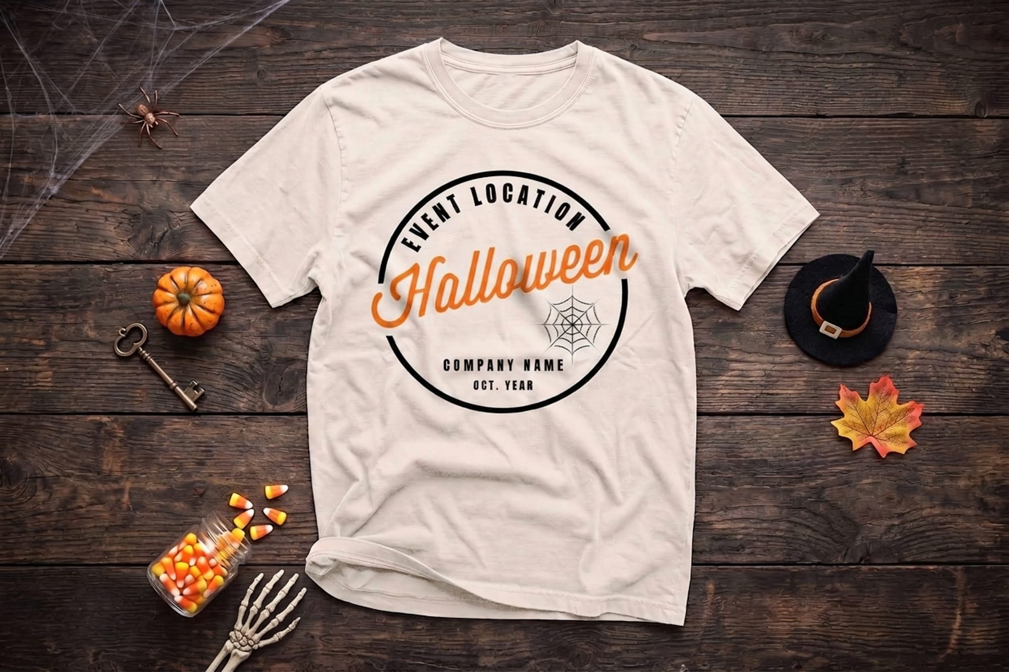Circular Halloween badge t-shirt template with spider web and editable company name