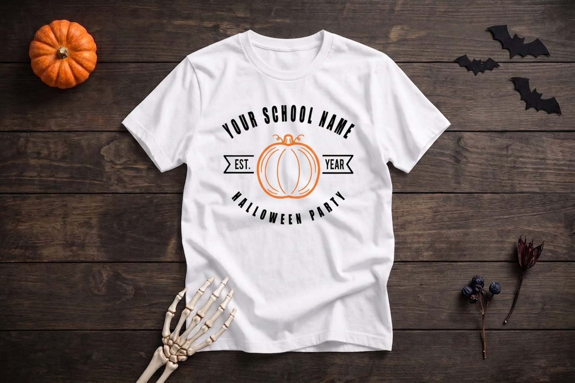 Simple pumpkin t-shirt template with editable school name, established year, and Halloween party text