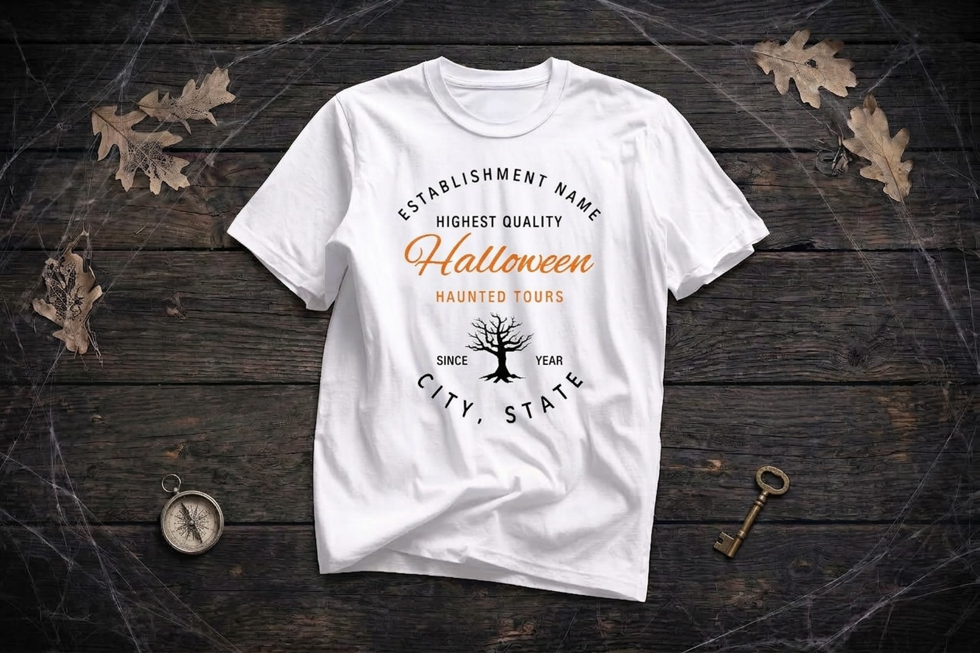 Vintage-style haunted tours t-shirt template with editable establishment name, city, and year