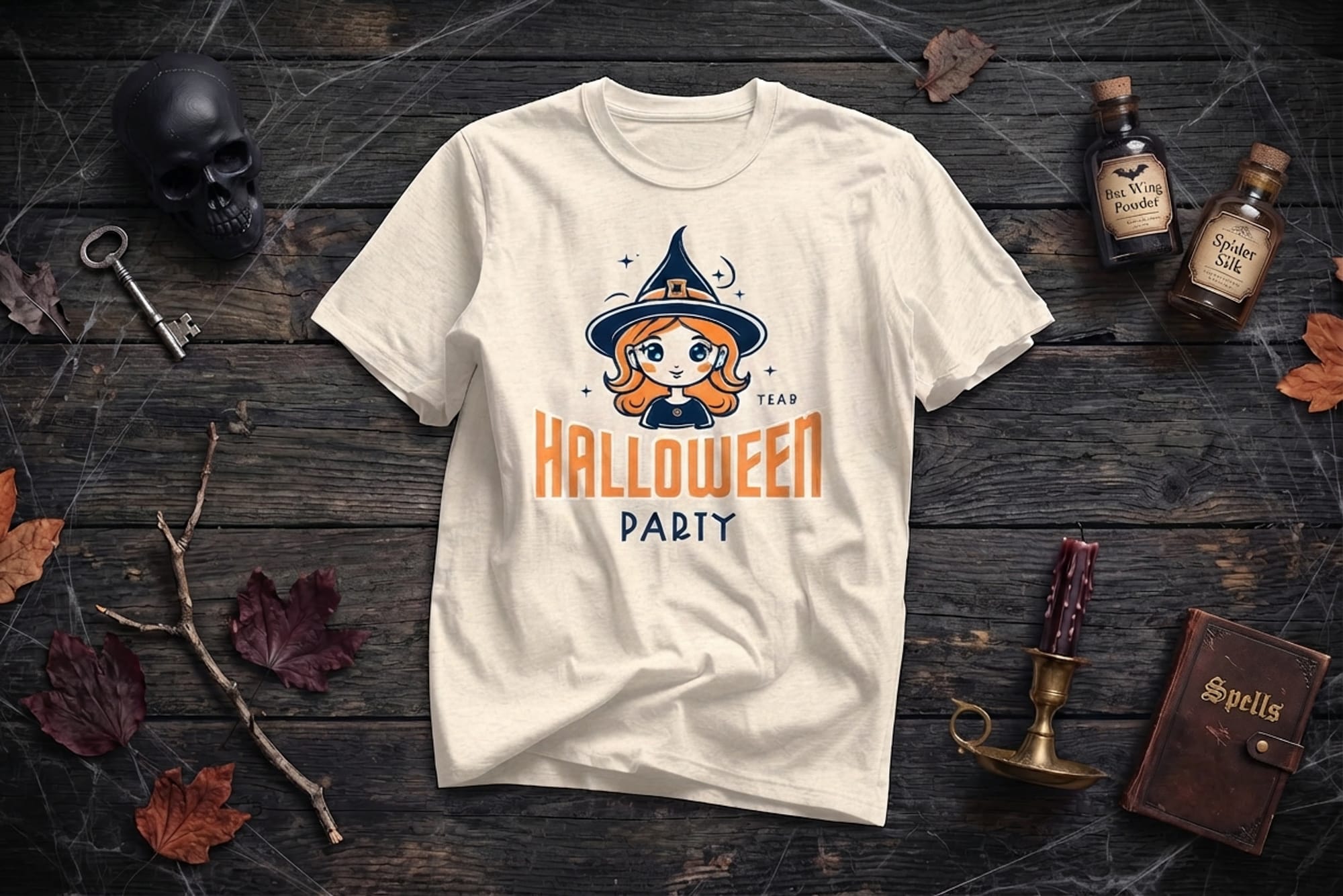 Cute cartoon witch t-shirt template with Halloween party text and editable year