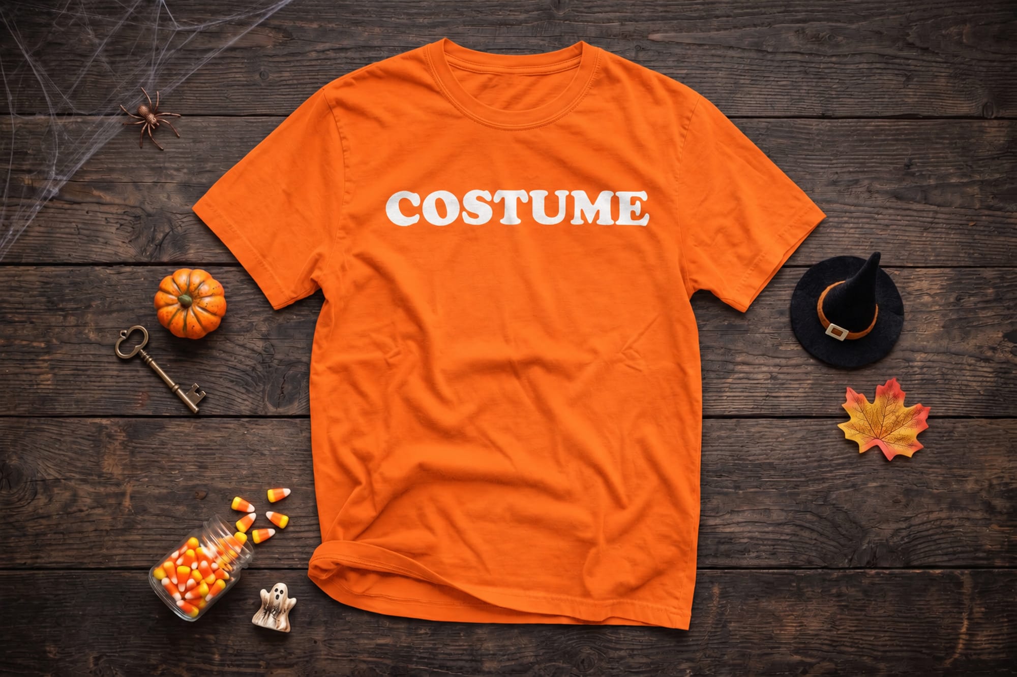 Orange t-shirt template with the word COSTUME in white block letters