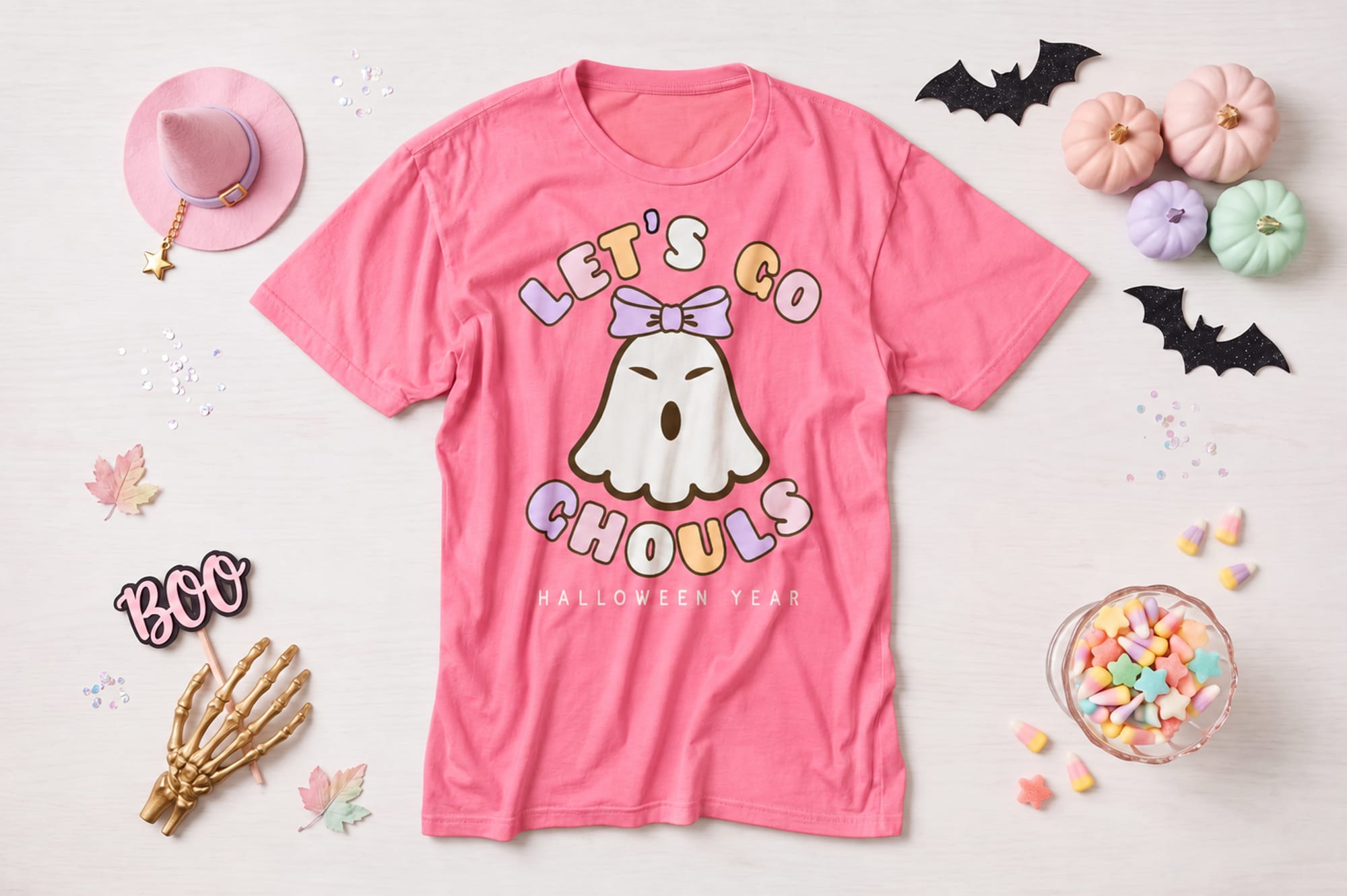 Pink Let's Go Ghouls t-shirt template with a ghost wearing a bow and editable year
