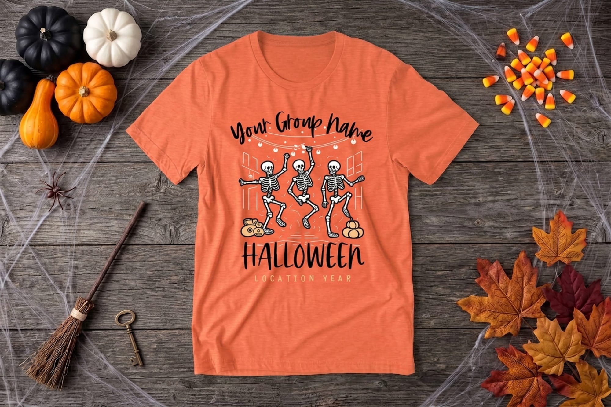 Halloween party t-shirt template with skeletons dancing under string lights and editable group name