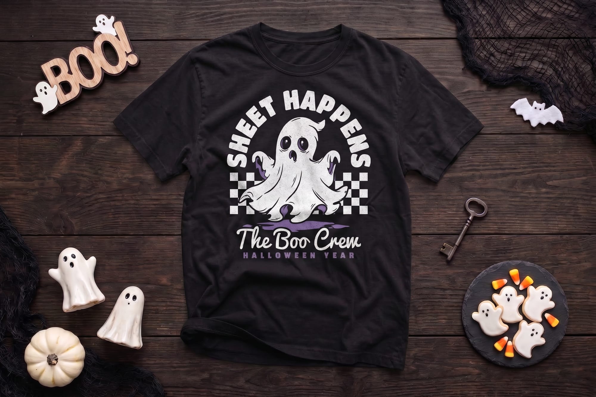 Black t-shirt template with a cartoon ghost, checkered flag accents, and Sheet Happens text with editable crew name