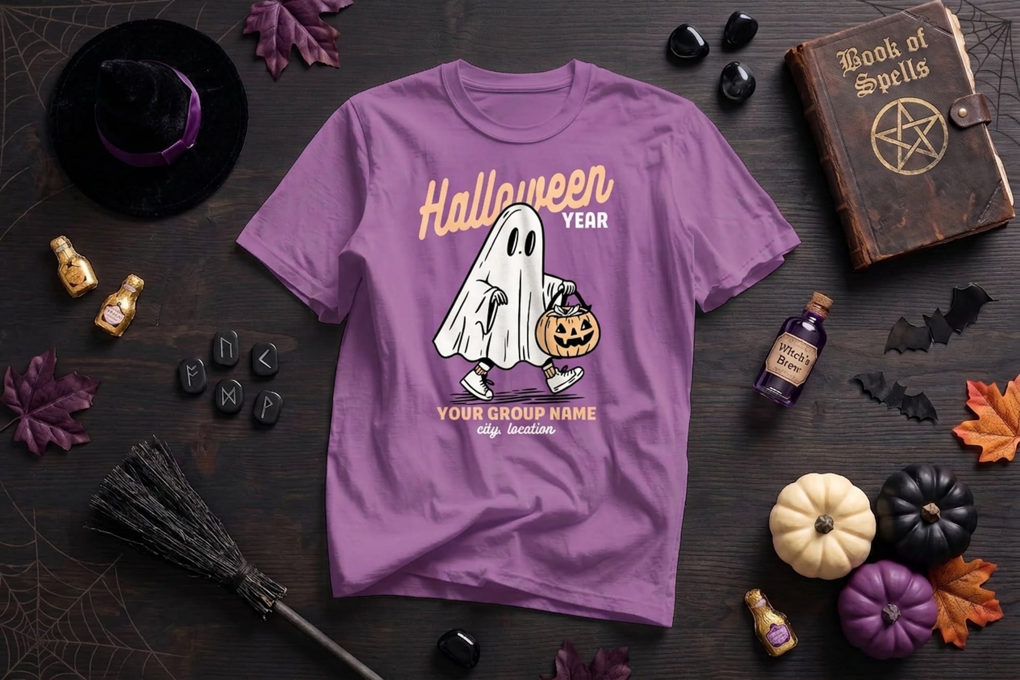 Purple t-shirt template with a cartoon ghost in sneakers carrying a jack-o'-lantern candy bucket and editable group name