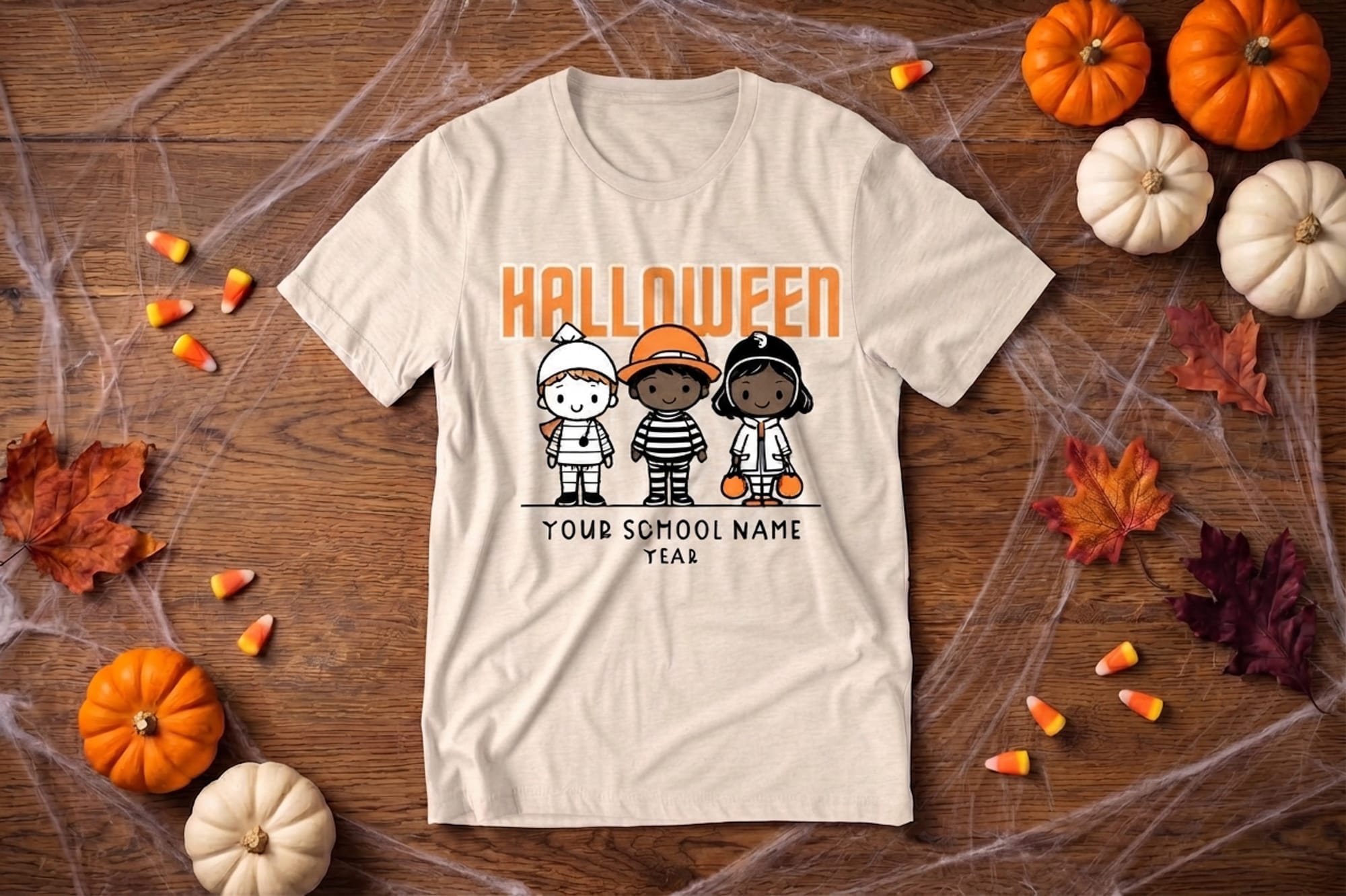 School Halloween t-shirt template with three cartoon kids in costumes and editable school name and year