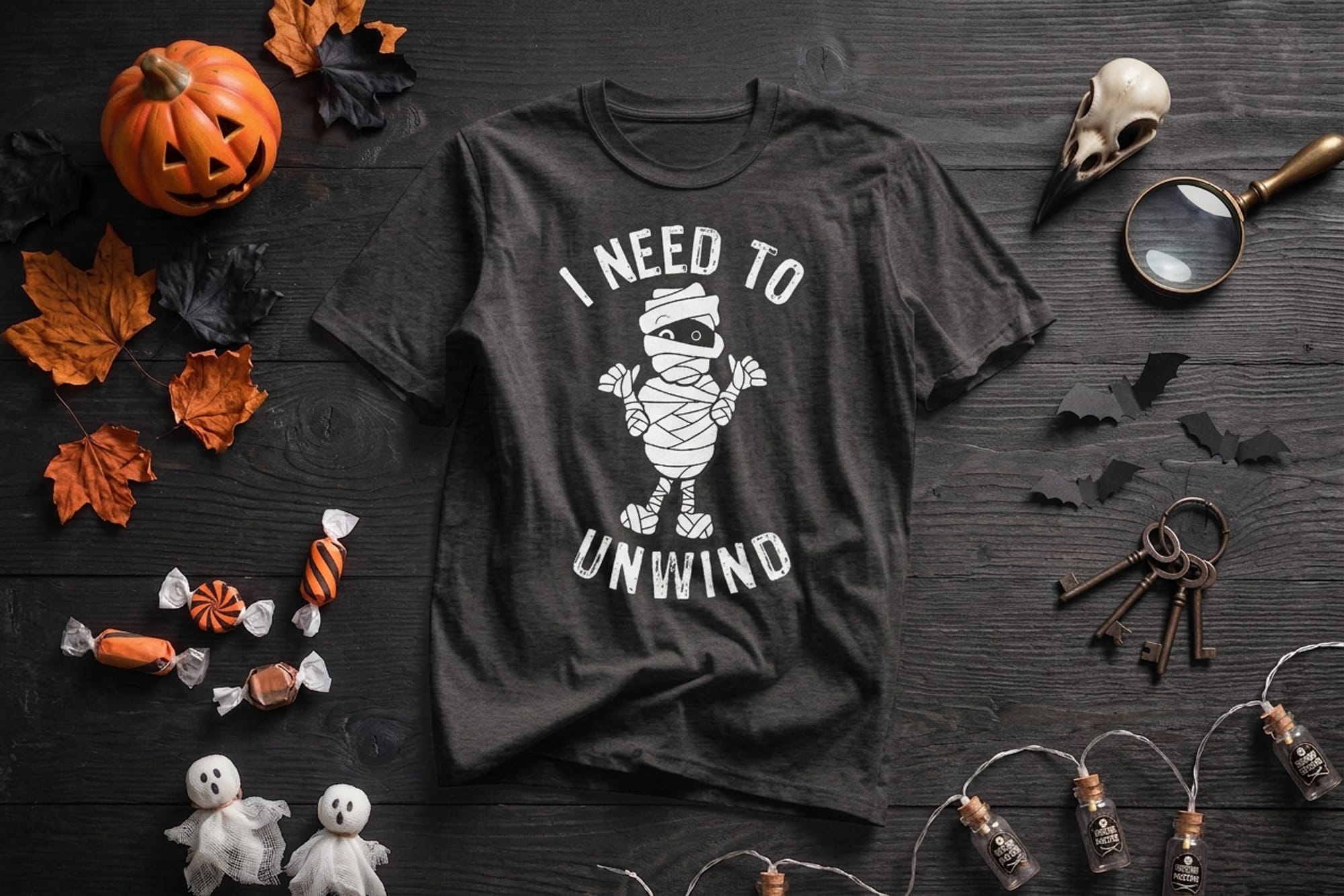mockup of a halloween flatlay shirt. design is of a mummy and it says I need to unwind