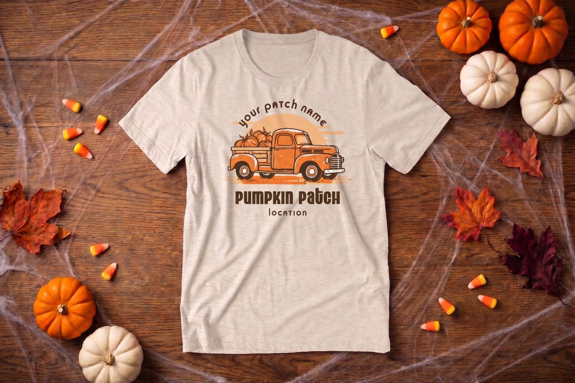 Vintage truck hauling pumpkins t-shirt template with editable pumpkin patch name and location