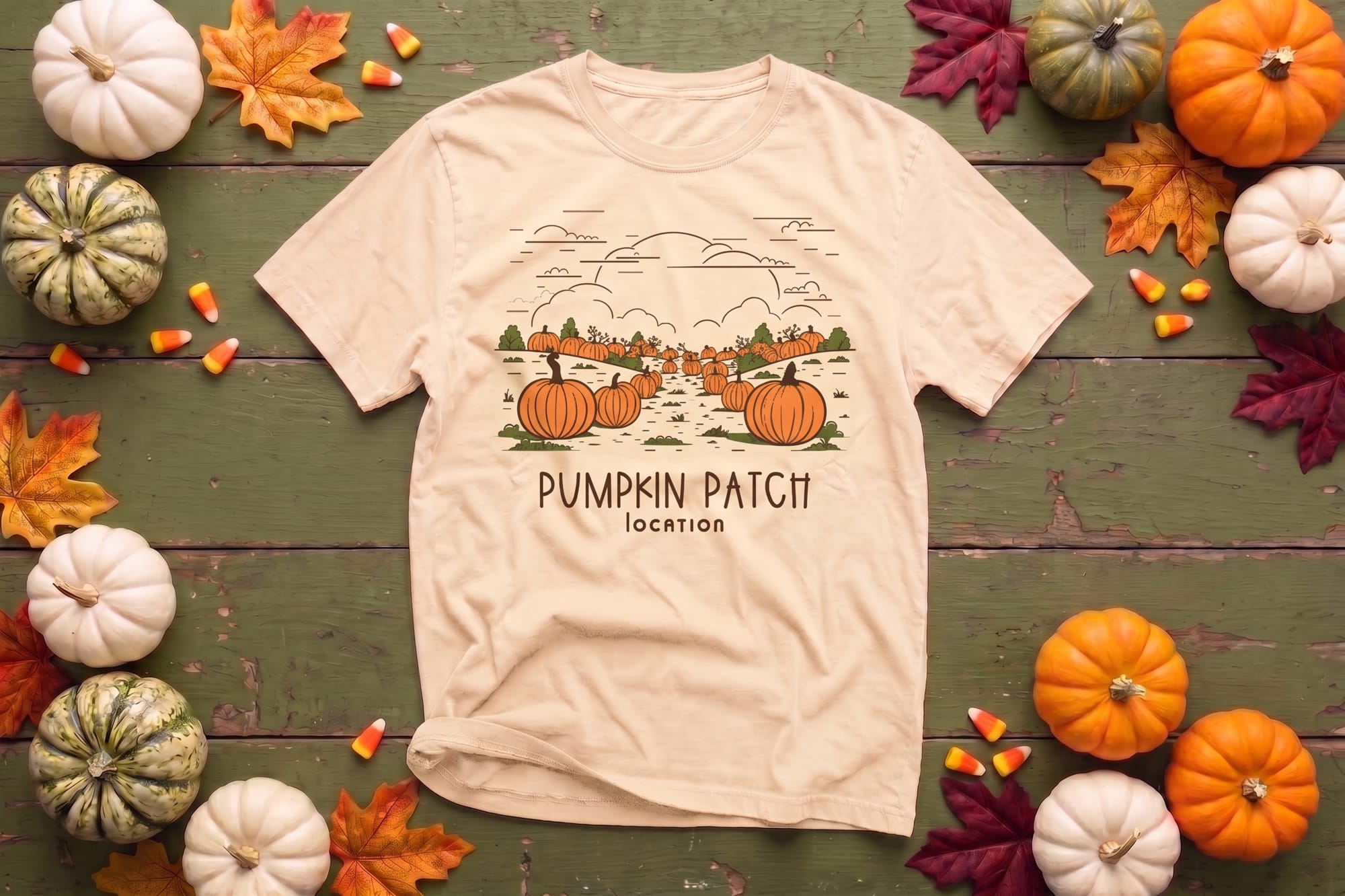Illustrated pumpkin field t-shirt template with editable patch name and location