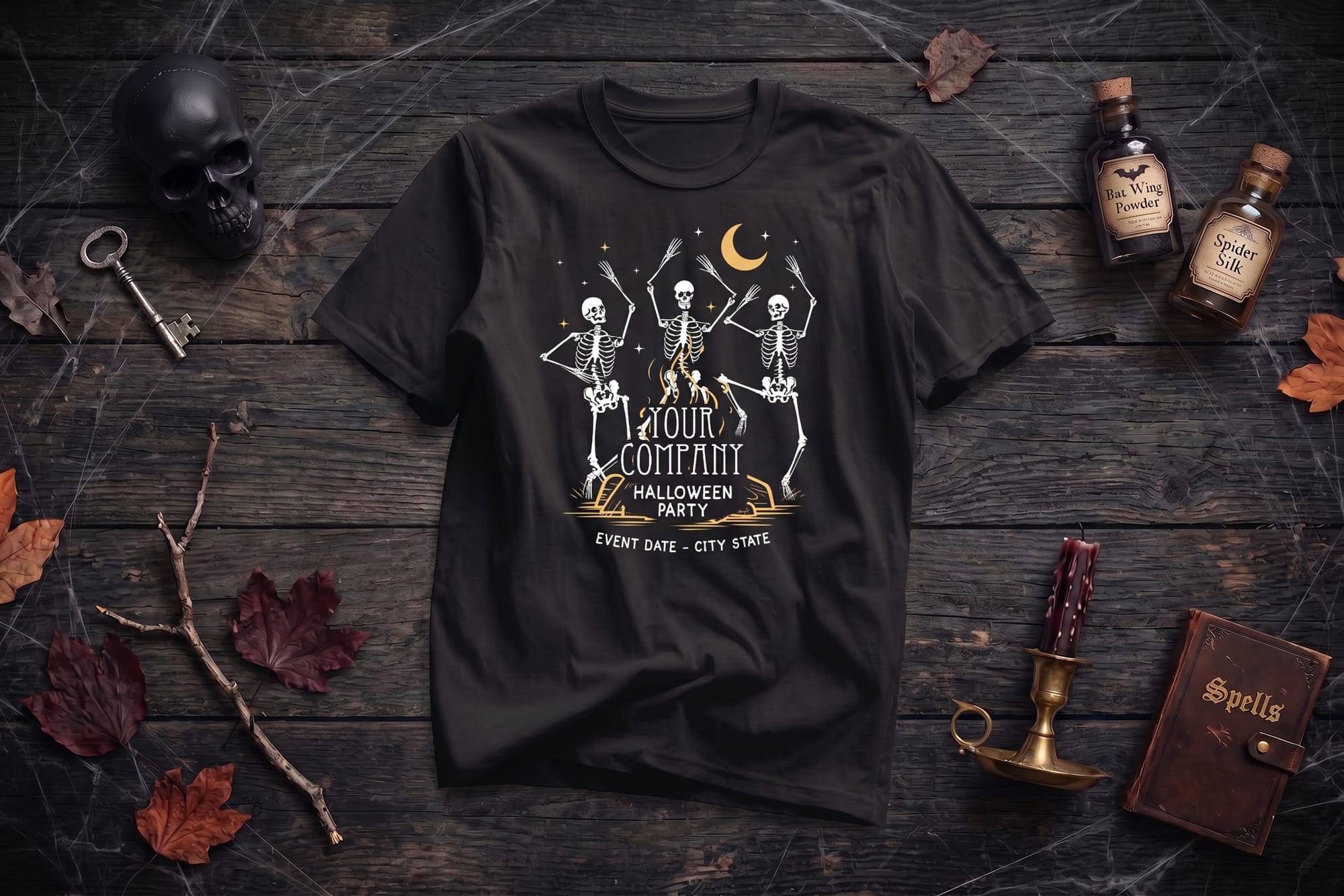 Custom company Halloween party t-shirt template with three dancing skeletons and editable company name