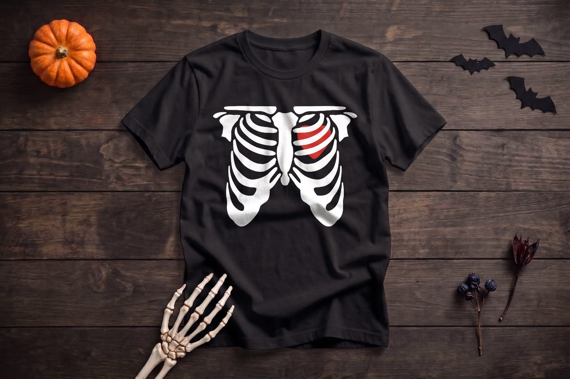 Black t-shirt template with a white printed ribcage and red heart, worn as a skeleton costume