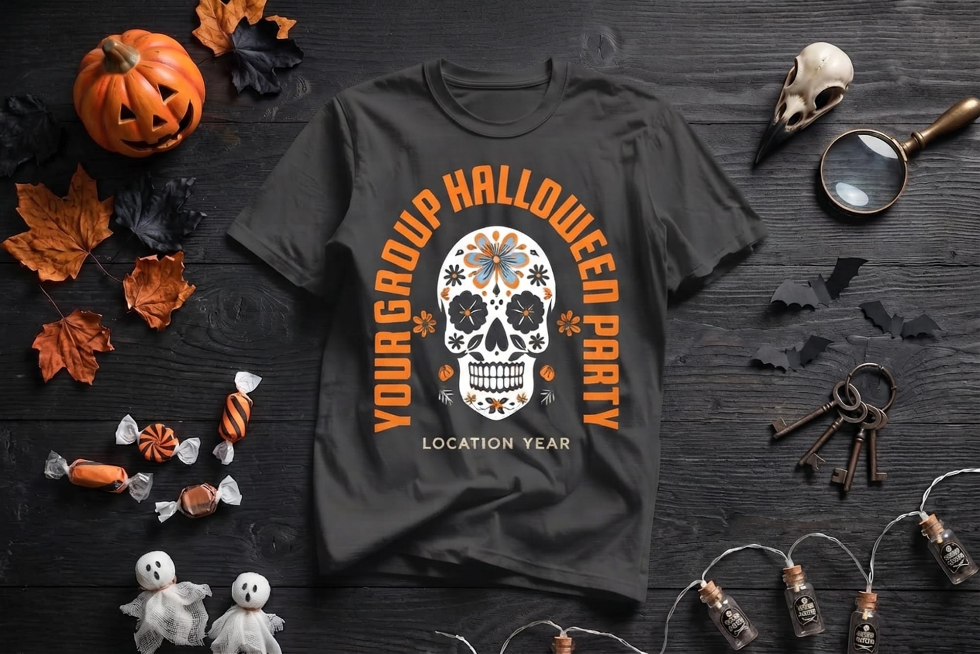 Sugar skull Halloween party t-shirt template with arched text and editable group name and location