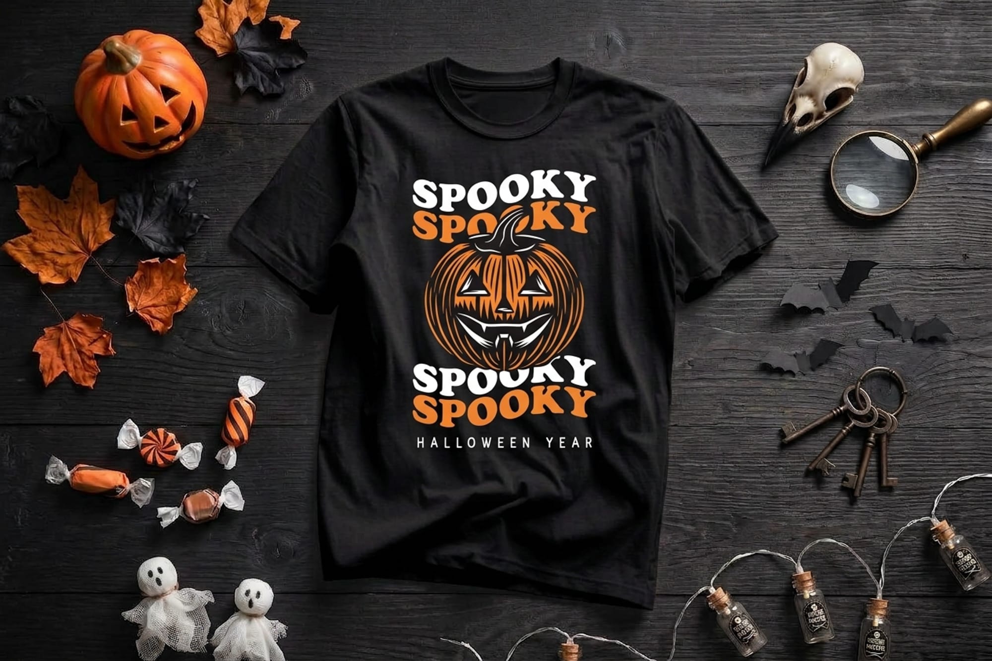 Retro stacked Spooky text t-shirt template with a jack-o'-lantern and editable year