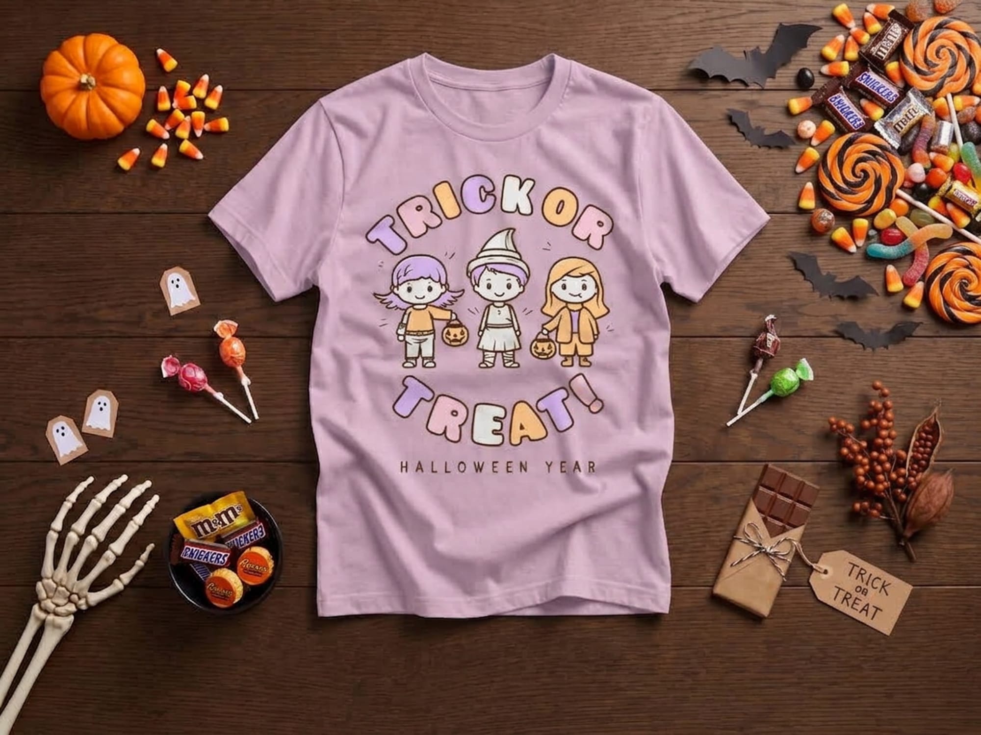 Pastel trick or treat t-shirt template with three cartoon children in costume