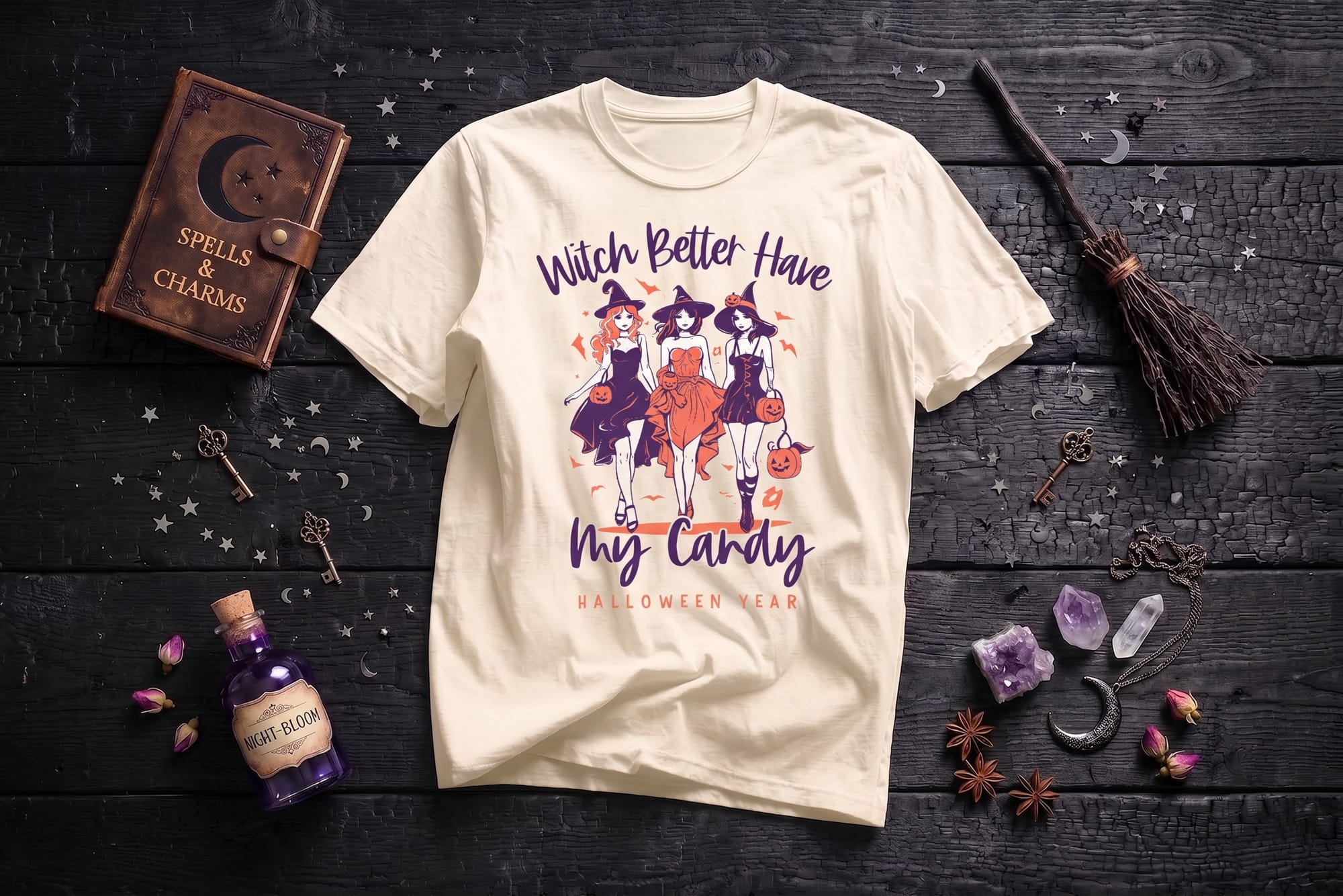 Three stylish witches t-shirt template with the phrase Witch Better Have My Candy and editable year