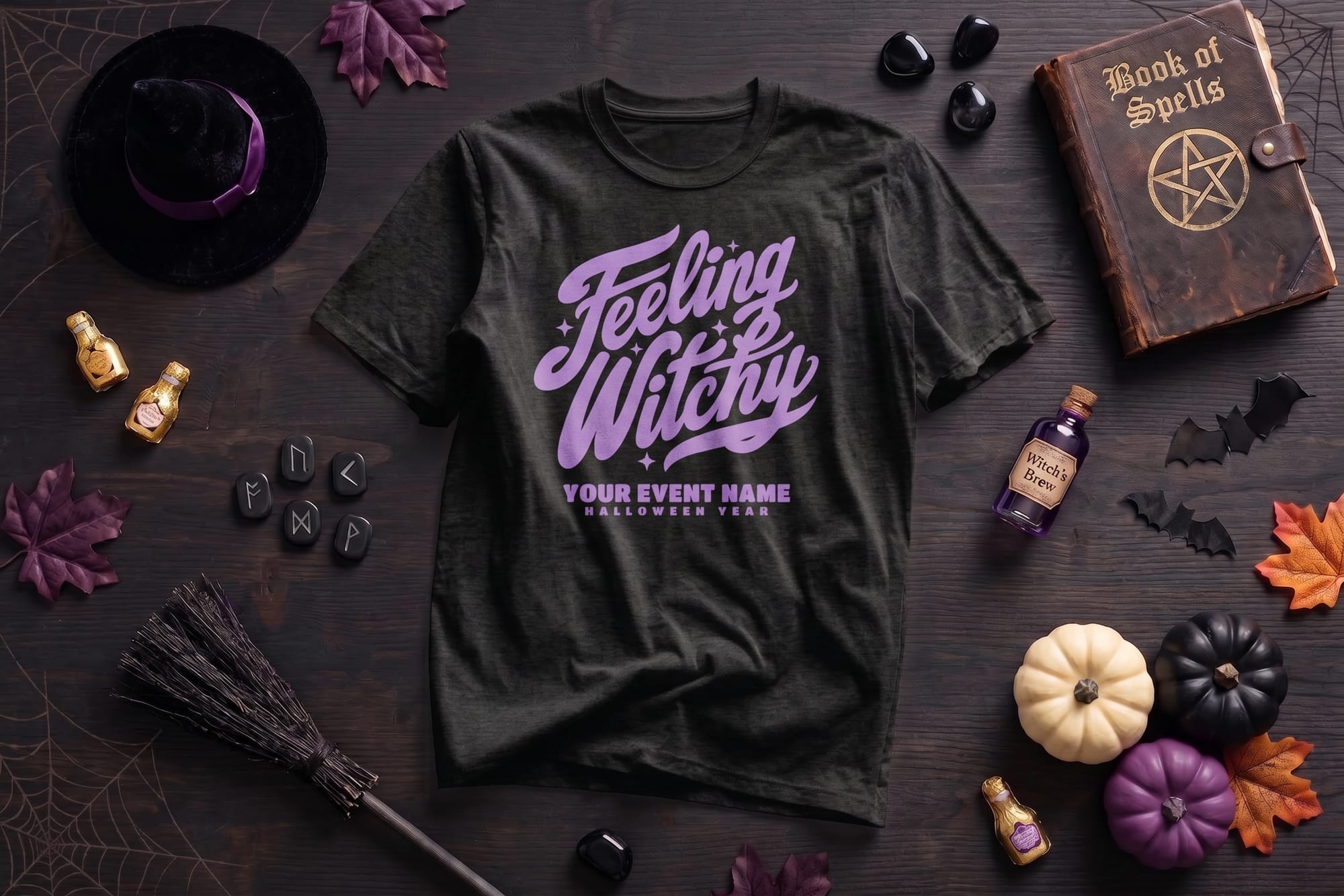 Black t-shirt template with purple script Feeling Witchy lettering and editable event name and year
