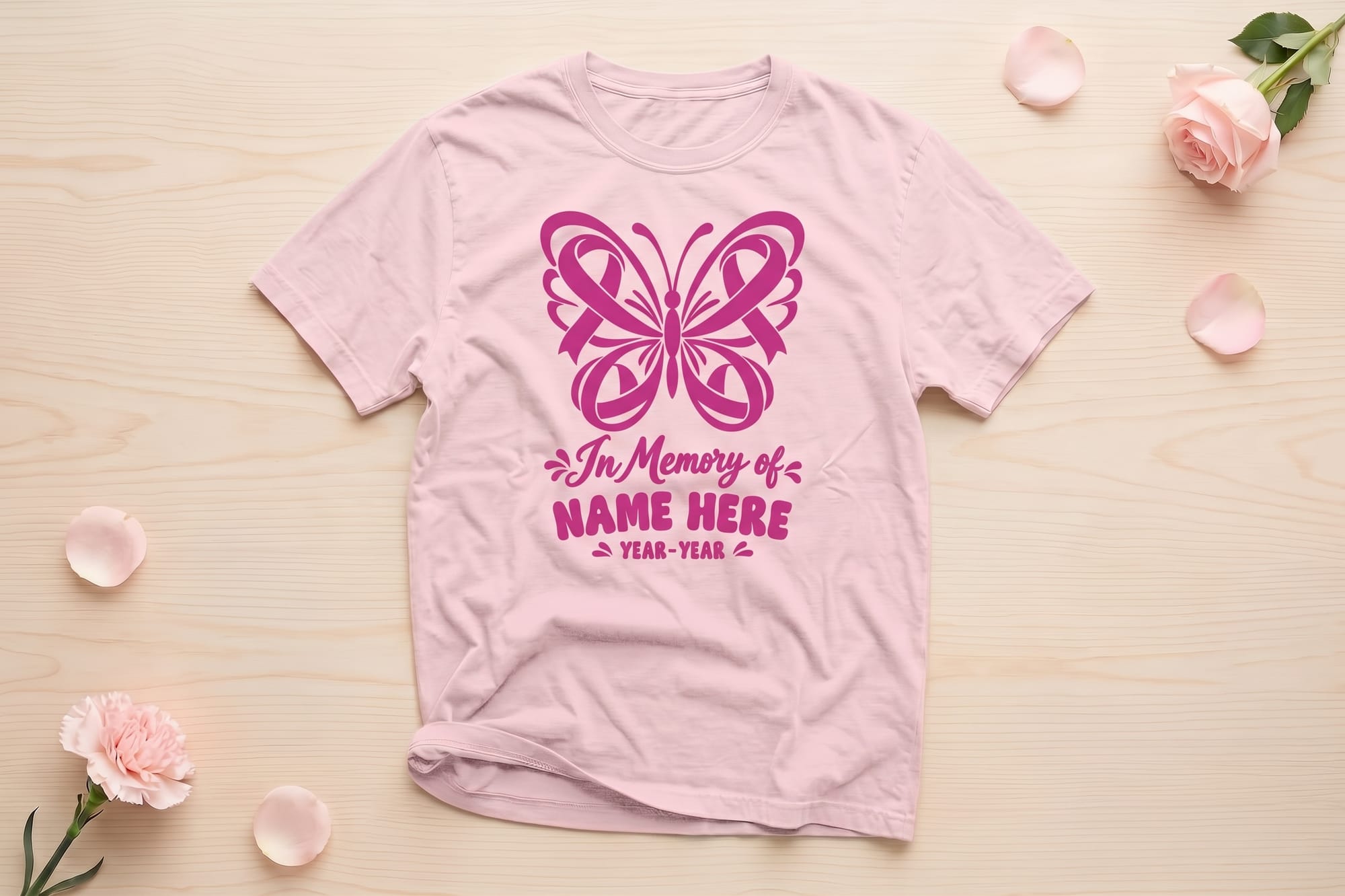 In Memory Of t-shirt template with a pink butterfly made of ribbons and editable name and years