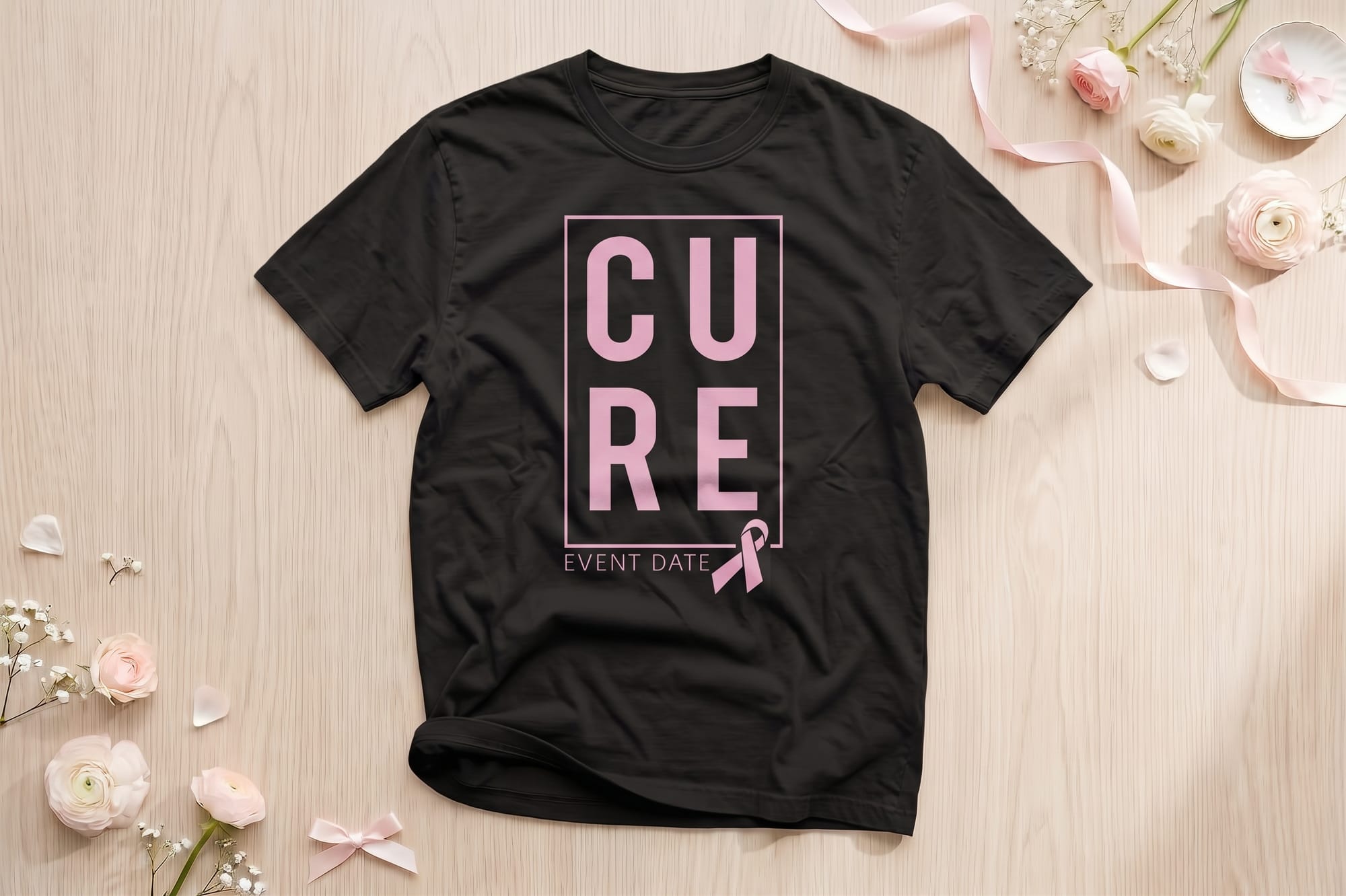 CURE t-shirt template in minimal pink block letters with a ribbon and editable event date
