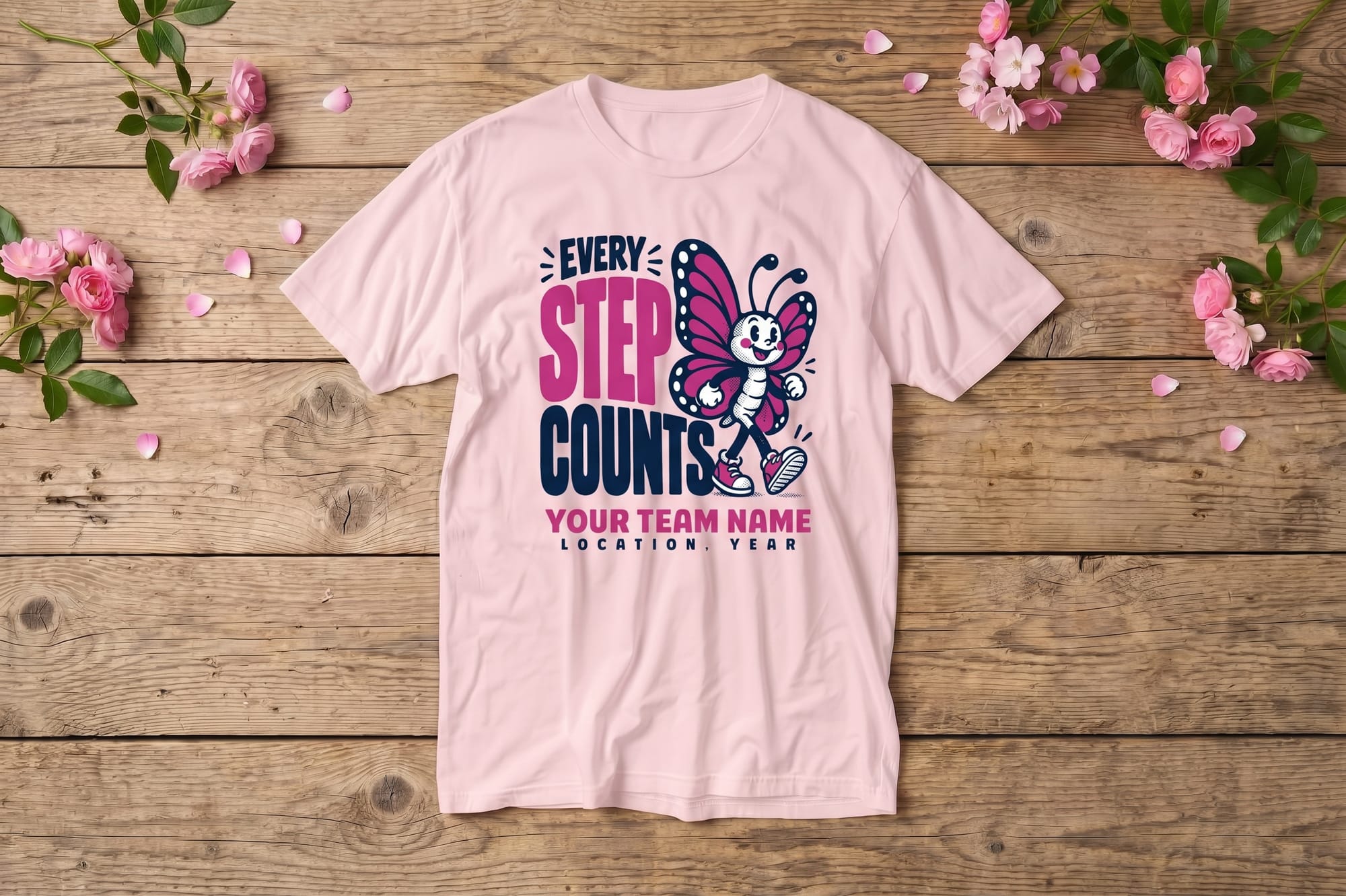 Every Step Counts t-shirt template with a cartoon butterfly in sneakers and editable team name