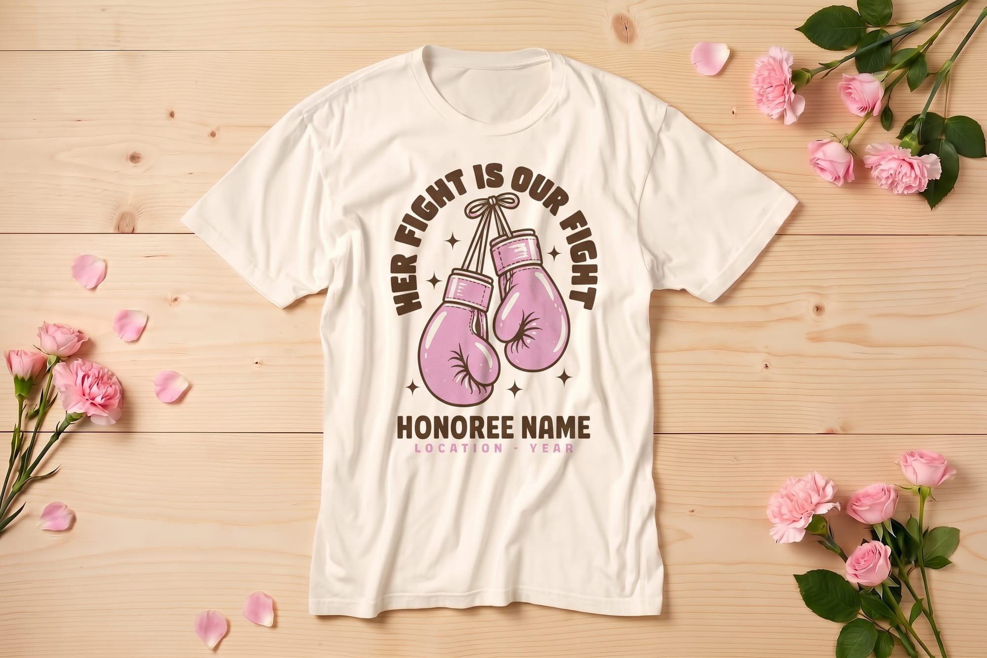 Her Fight Is Our Fight t-shirt template with pink boxing gloves and editable honoree name