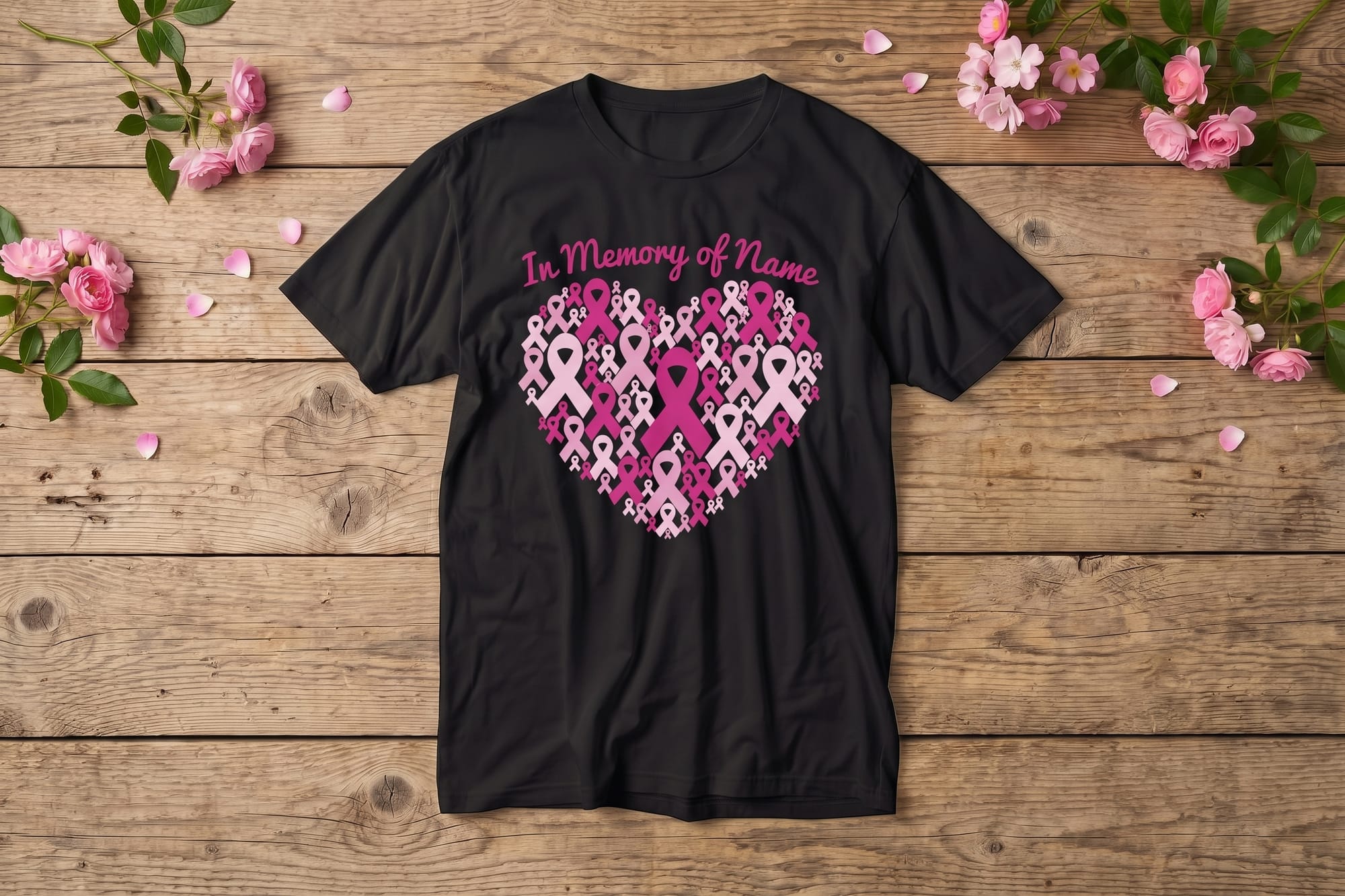 In Memory Of t-shirt template with a heart made of small pink ribbons on black and editable name