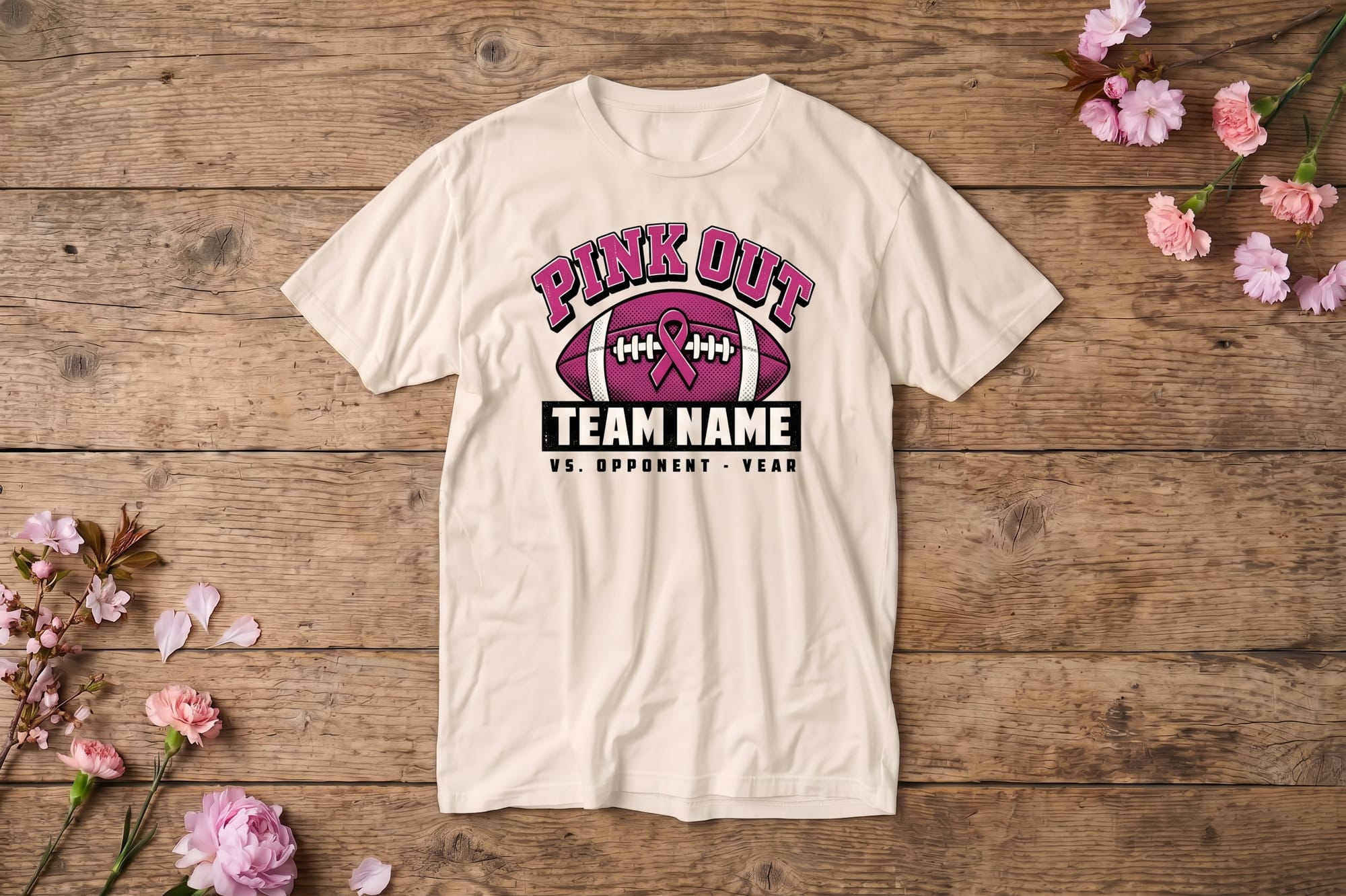 Pink out football t-shirt template with a pink football, editable team name, and vs. opponent line
