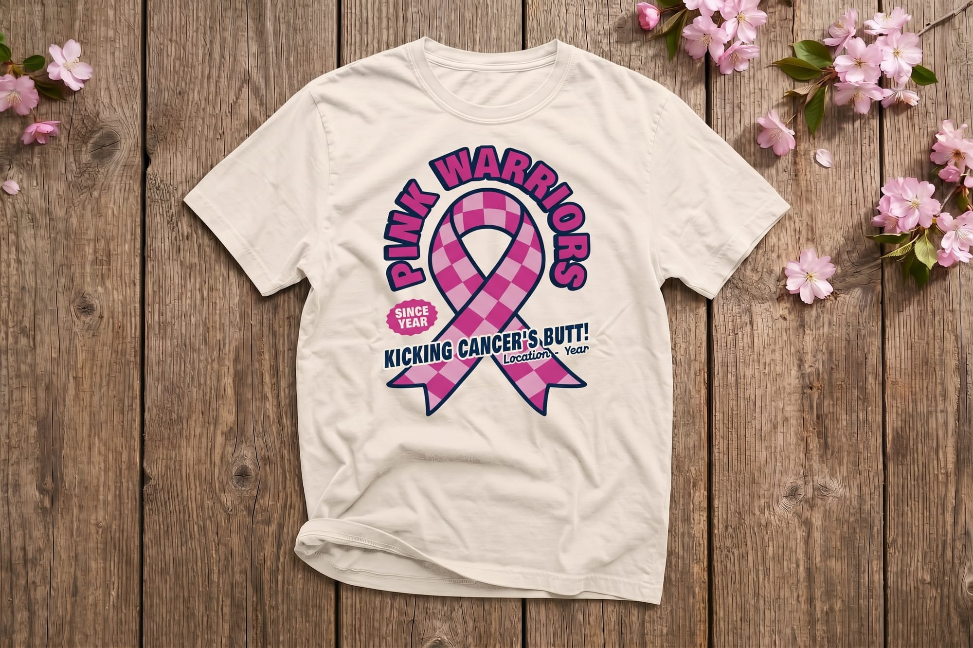 Pink Warriors t-shirt template with a checkered pink ribbon and editable location and year