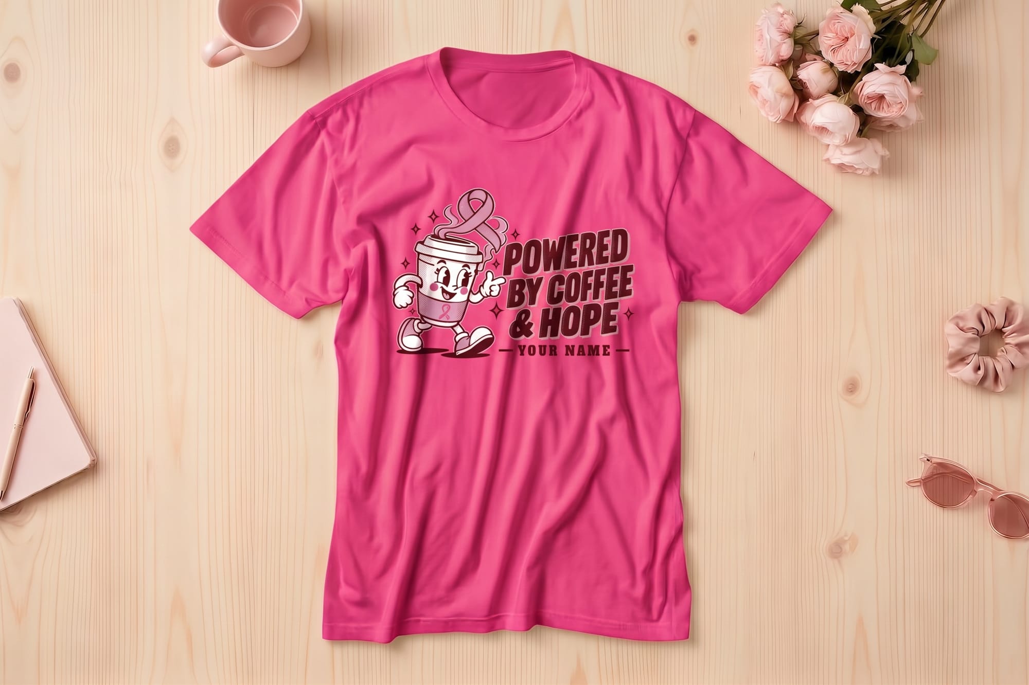 Powered by Coffee and Hope t-shirt template with a cartoon coffee cup wearing sneakers and an editable name line