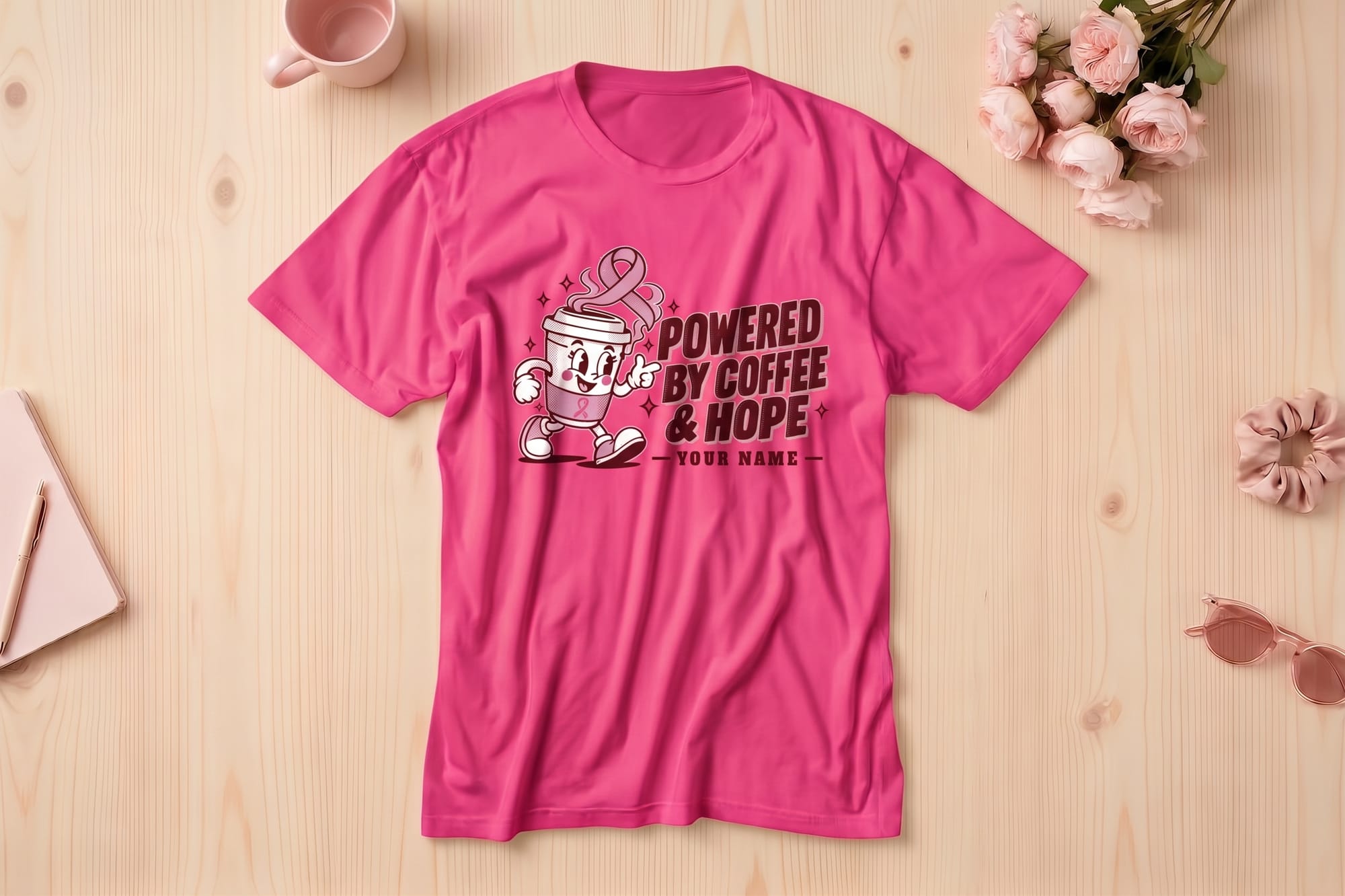 Powered by Coffee and Hope t-shirt template with a cartoon coffee cup wearing sneakers and an editable name line