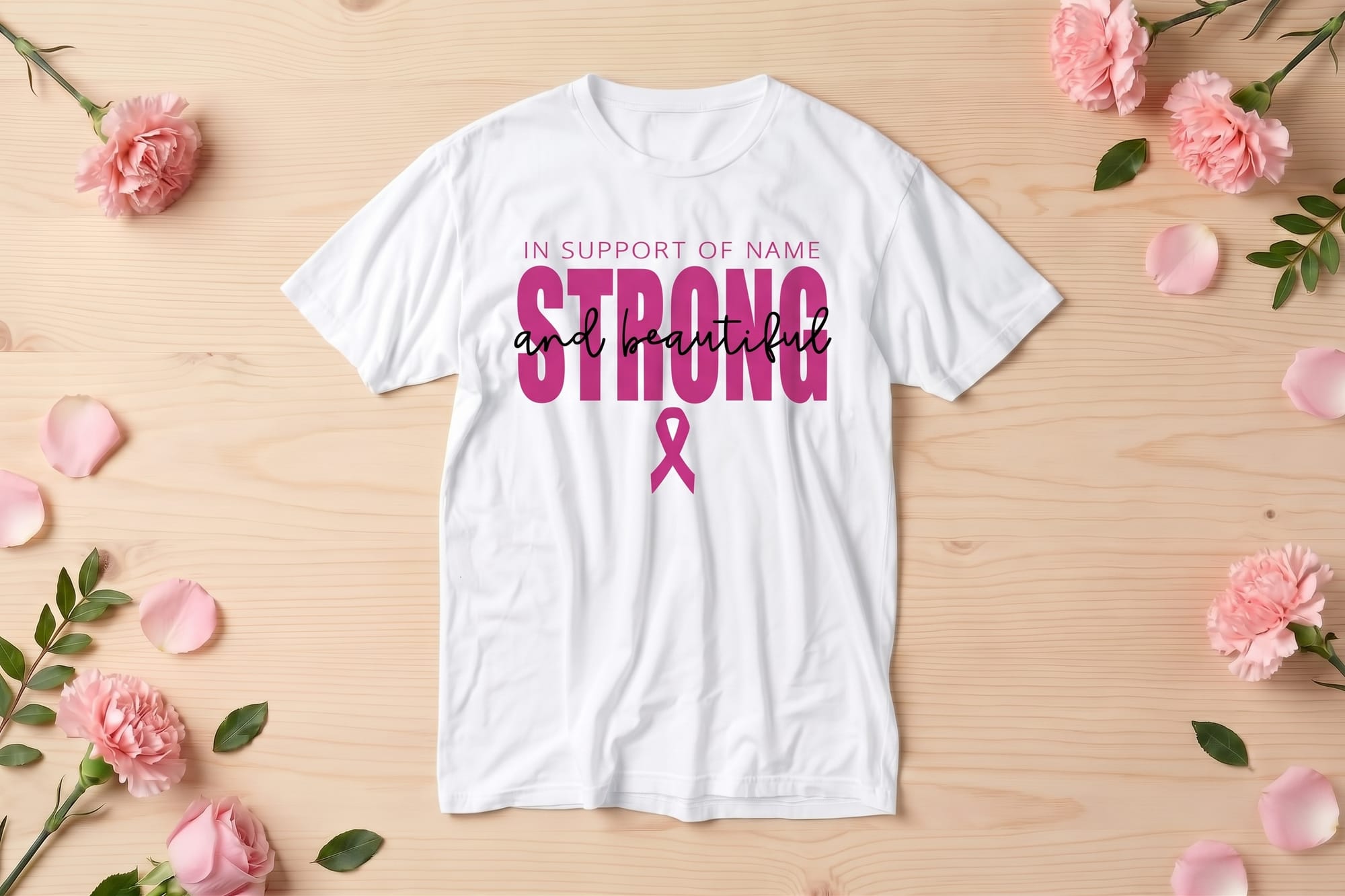 Strong and Beautiful t-shirt template in pink block and script type with an editable support name