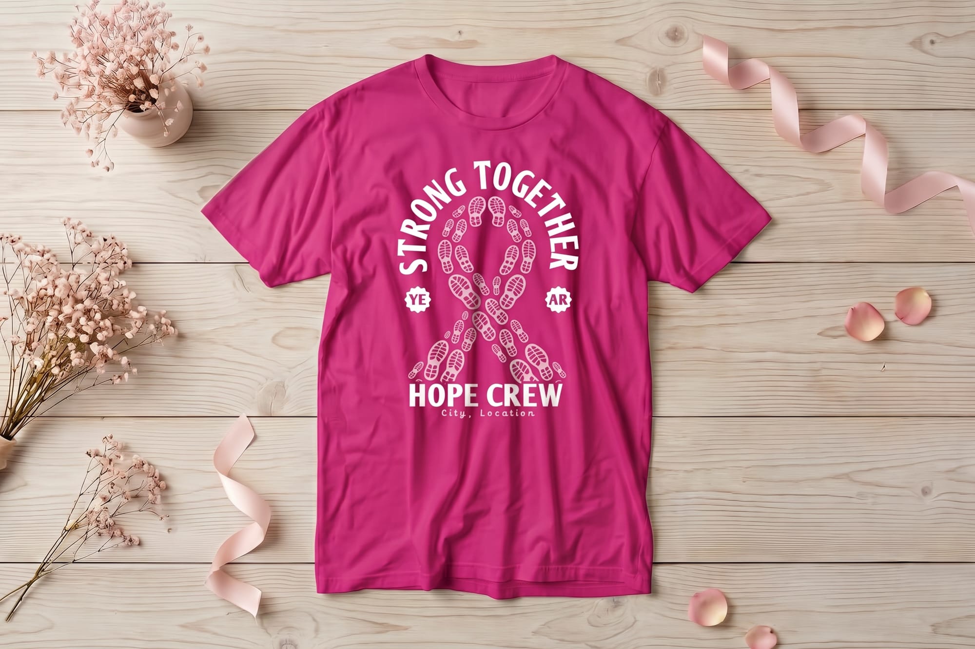 Strong Together t-shirt template with footprints forming a ribbon and editable crew name and location