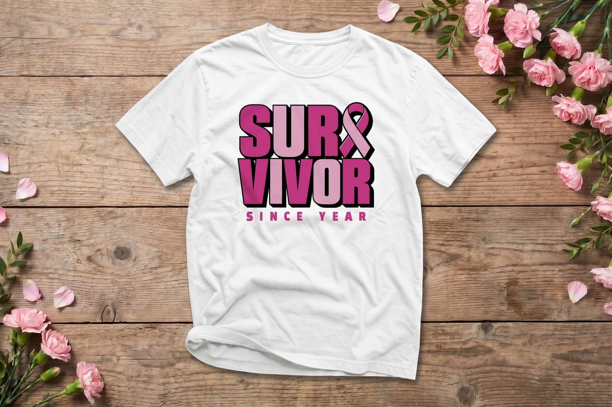 Survivor t-shirt template in bold pink stacked letters with a ribbon and editable since-year line