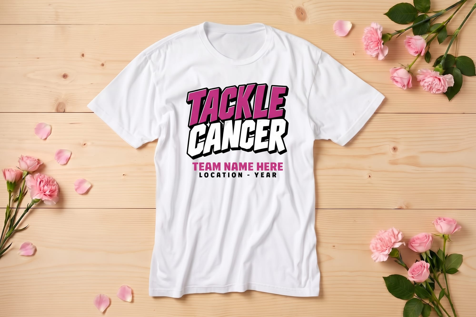 Tackle Cancer t-shirt template in bold pink and white type with editable team name and location