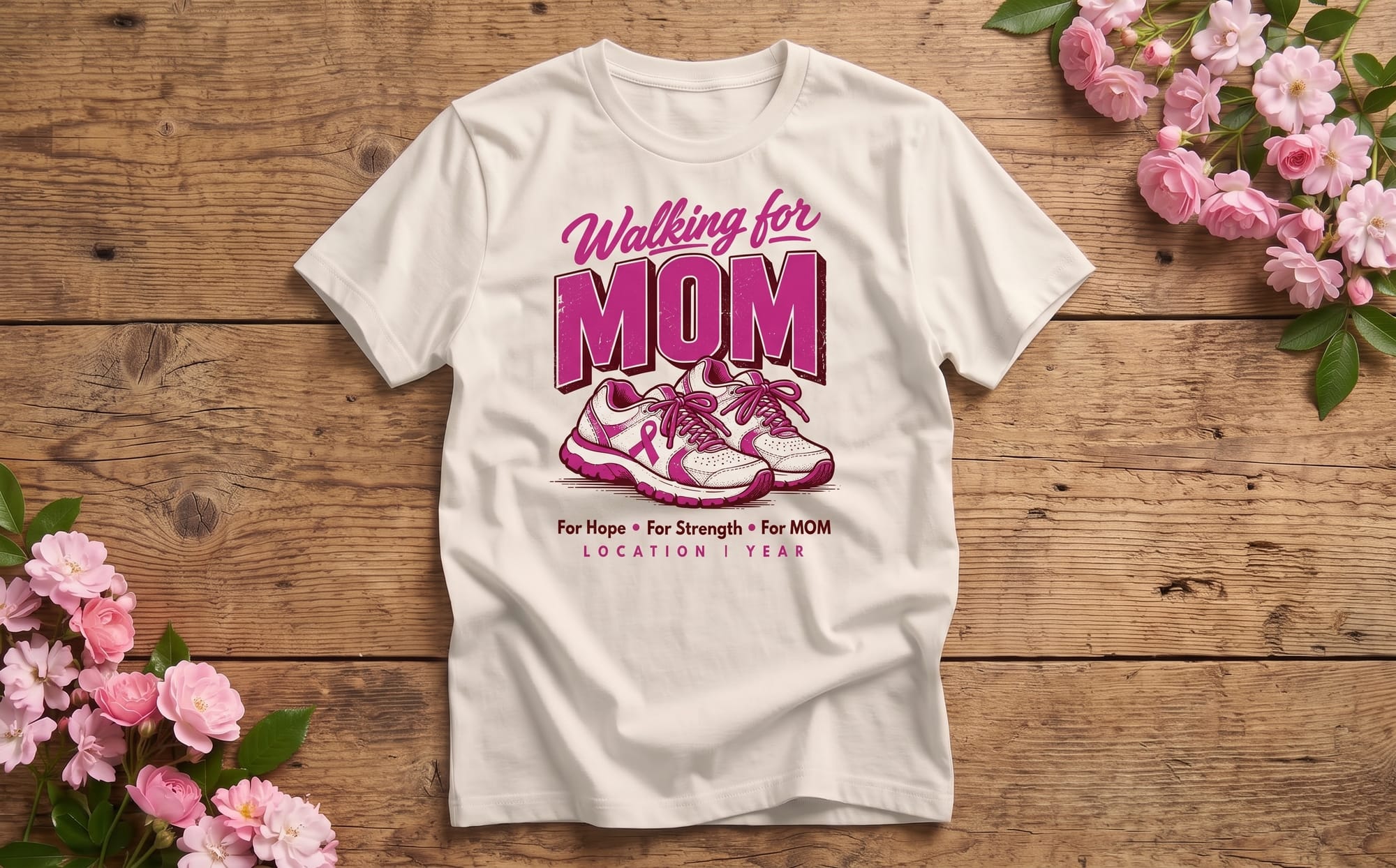 Walking for Mom t-shirt template with pink running shoes, a ribbon, and editable honoree name and location
