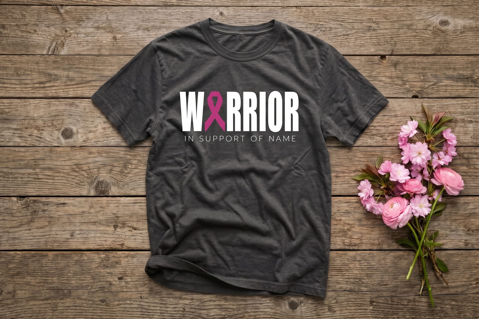 Warrior t-shirt template in white block letters with a pink ribbon and editable in-support-of name