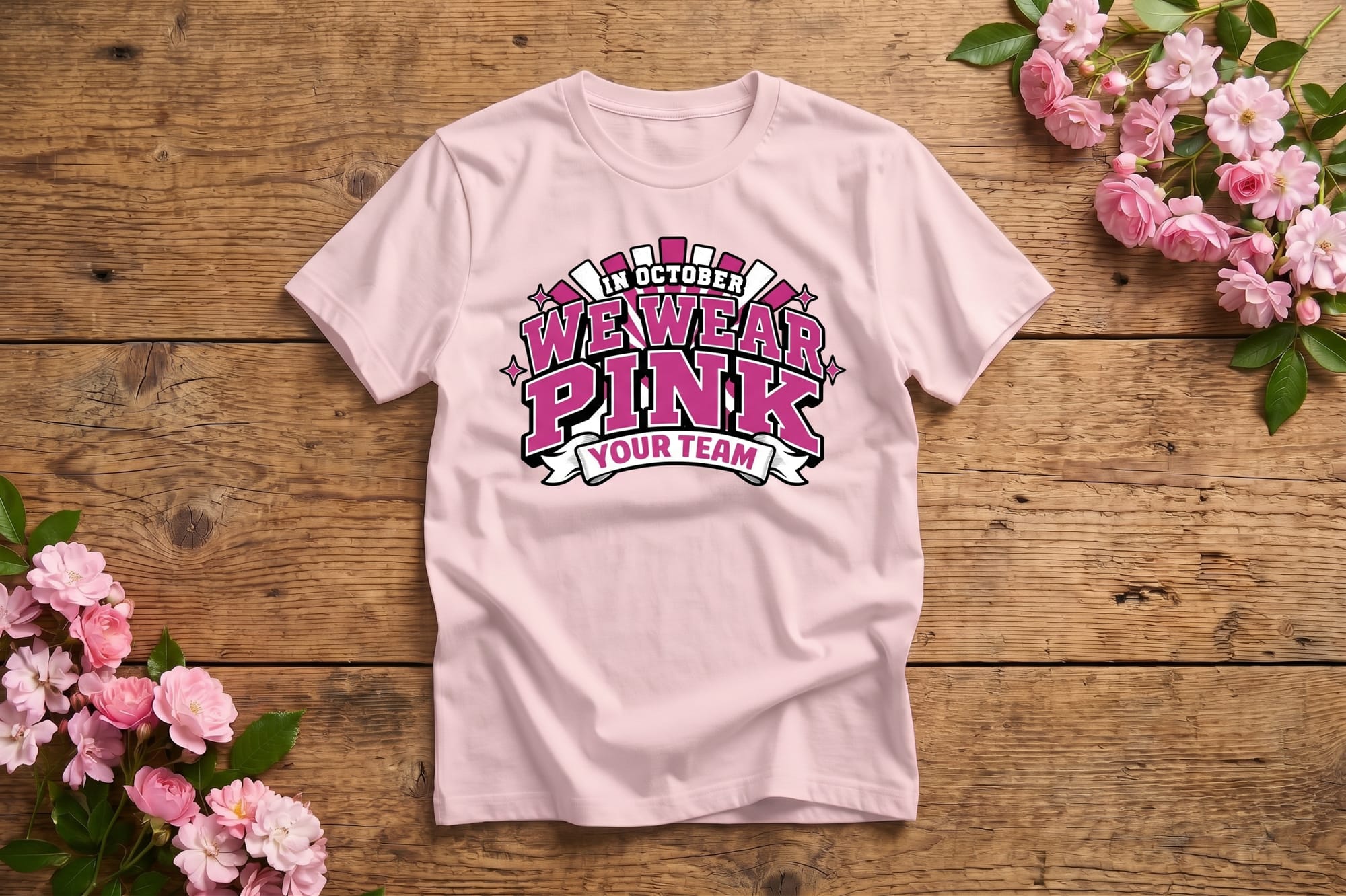 In October We Wear Pink t-shirt template with retro arched lettering and editable team name