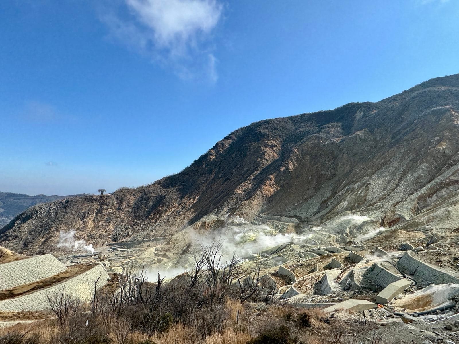 大涌谷裸露的山坡与蒸汽