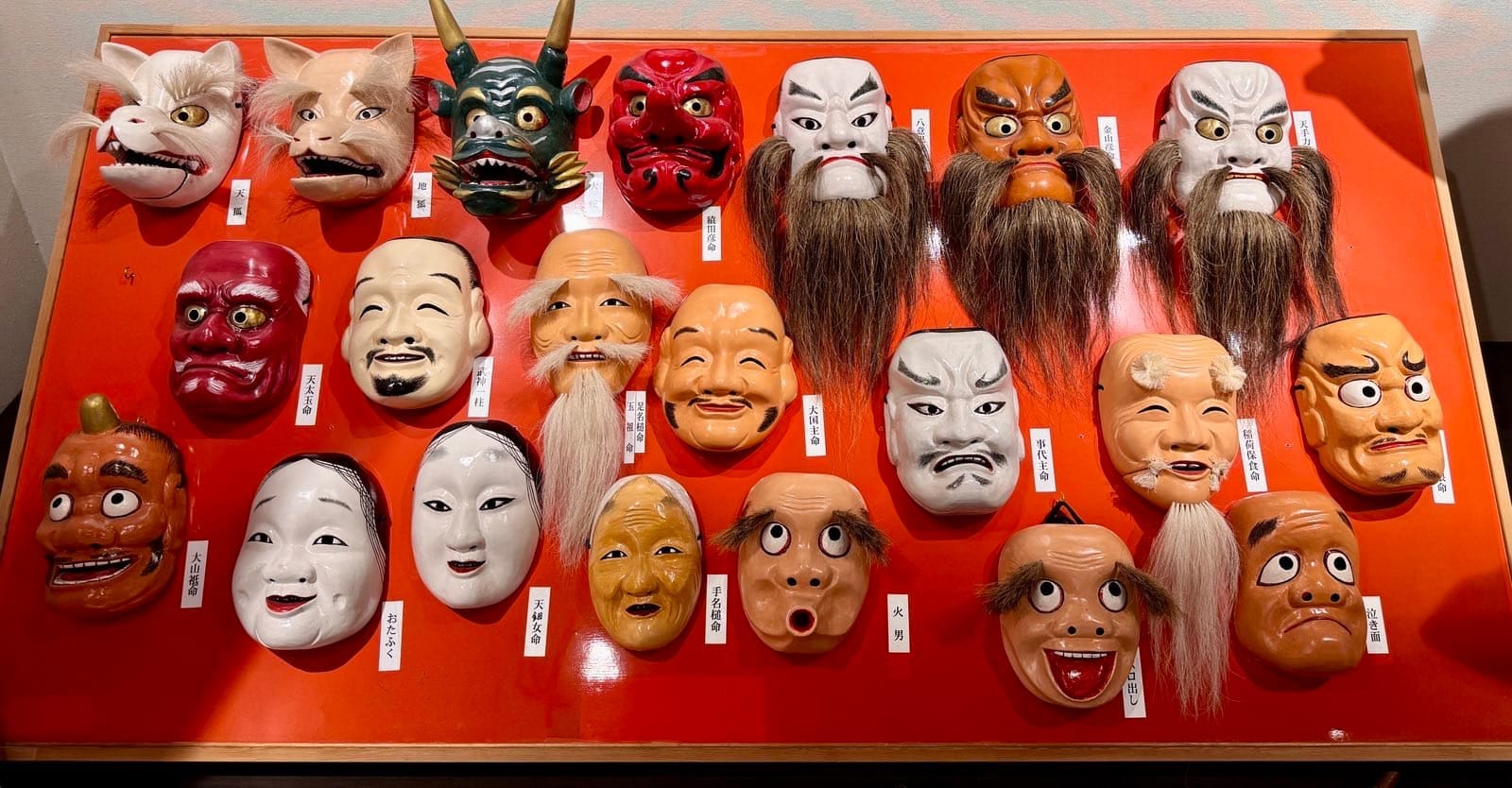 展柜中不同角色使用的能乐面具