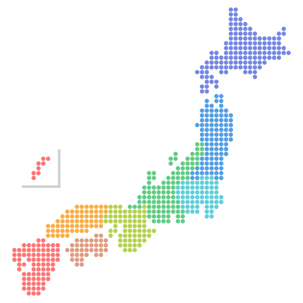 用不同颜色标示各地区的日本地图