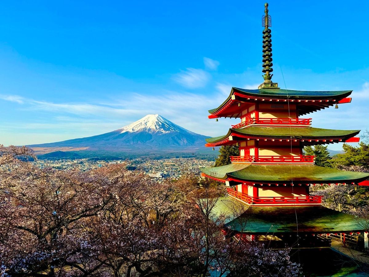 新仓山浅间公园的五重塔、樱花与富士山