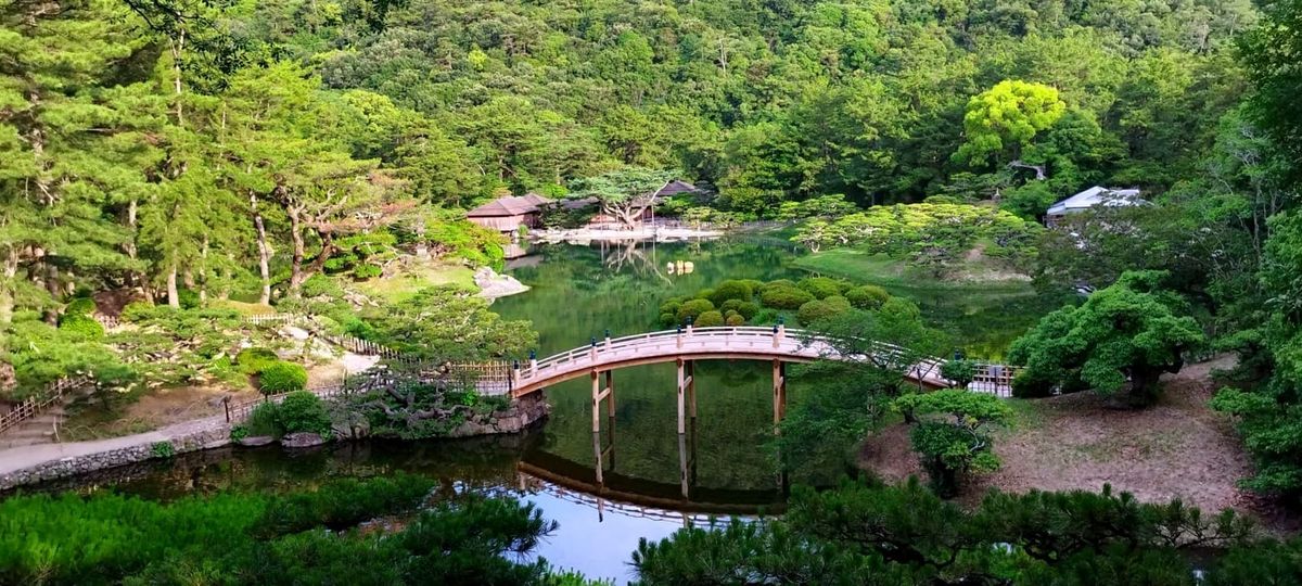 高松栗林公园的绿树、水池与拱桥