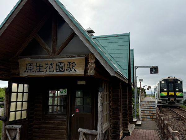 原生花园站的木造站房与停靠的列车