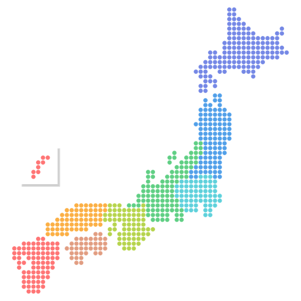 用不同颜色标示各地区的日本地图