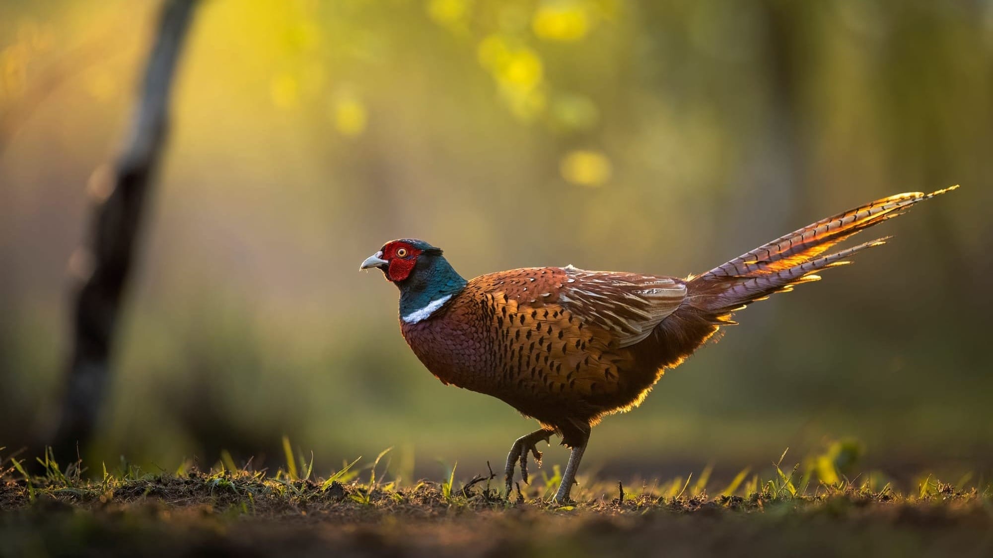 A pheasant walks through a woodland.